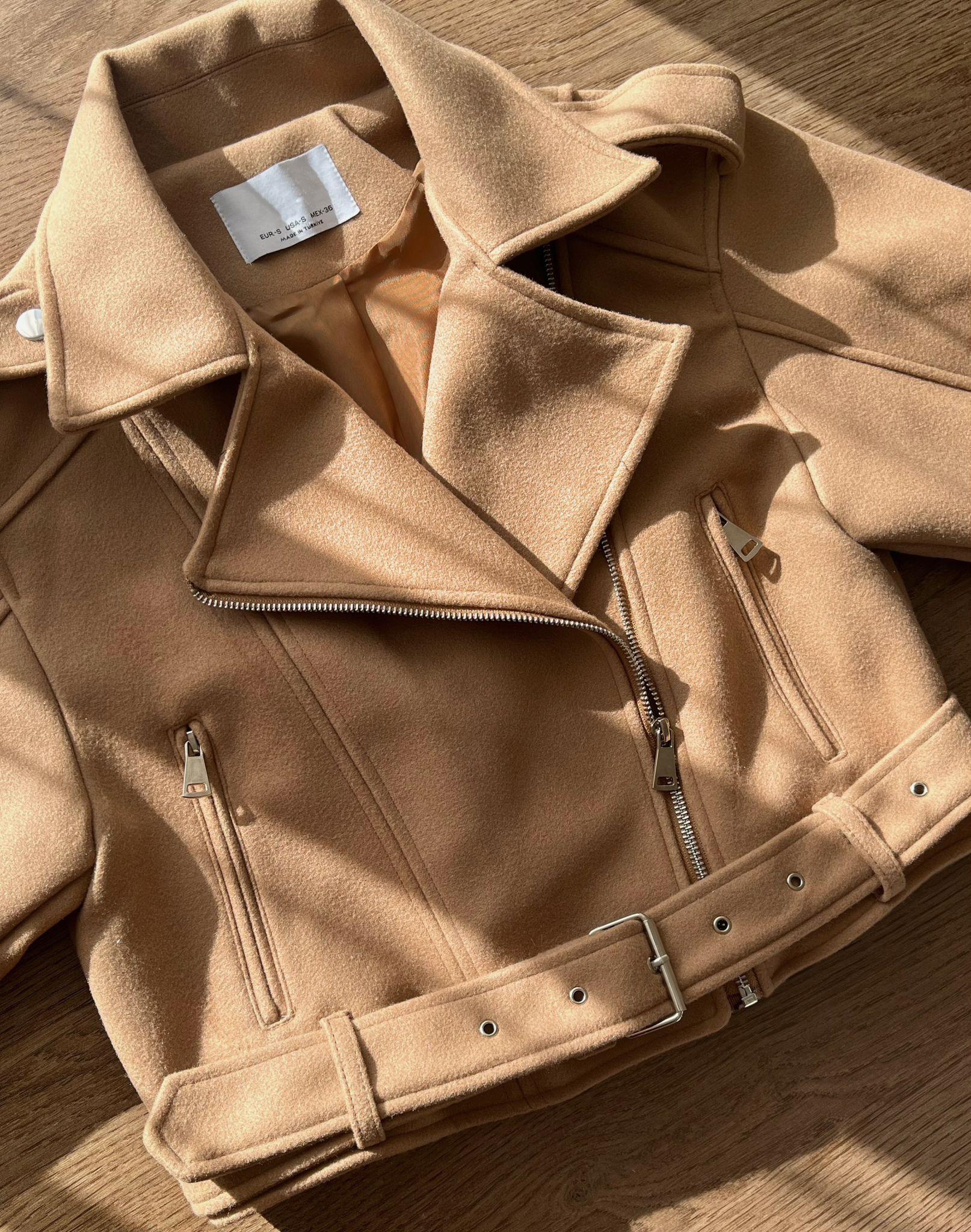 Paula Premium Kaşe Biker Ceket Taba
