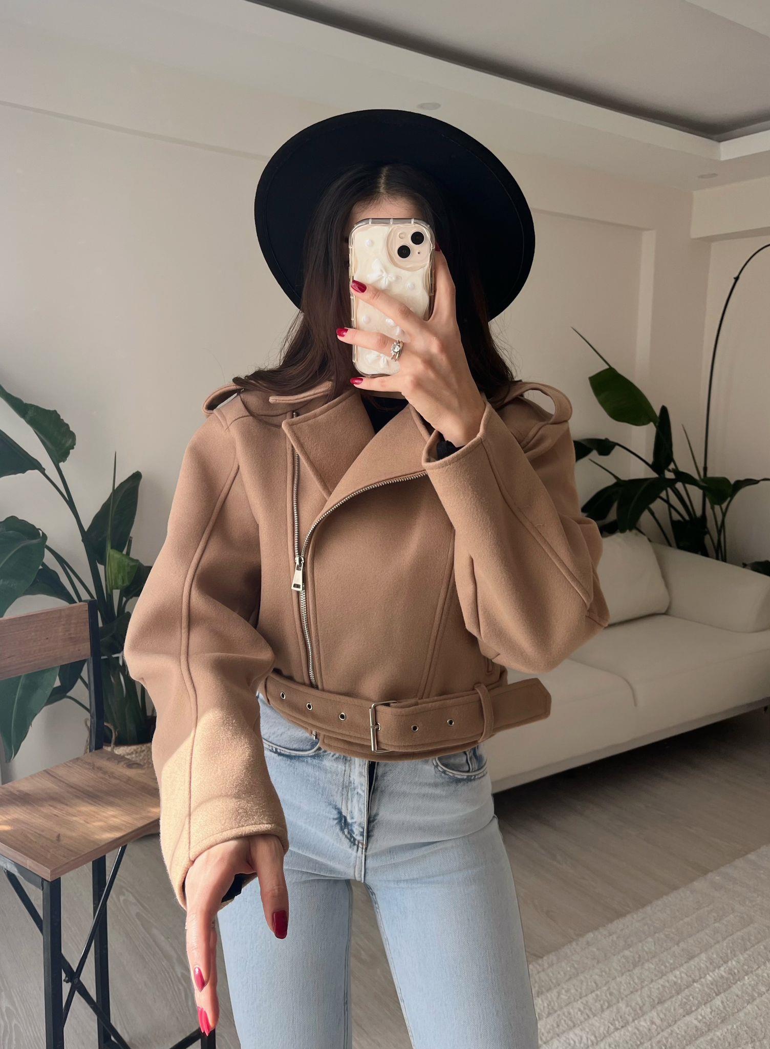 Paula Premium Kaşe Biker Ceket Taba