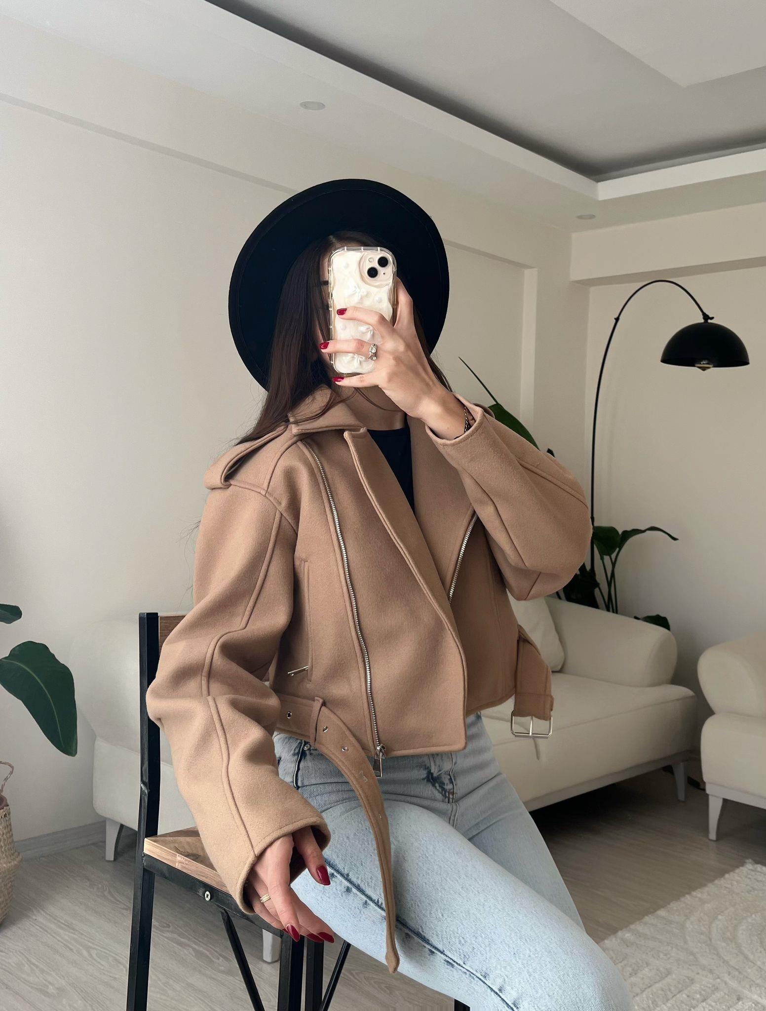 Paula Premium Kaşe Biker Ceket Taba
