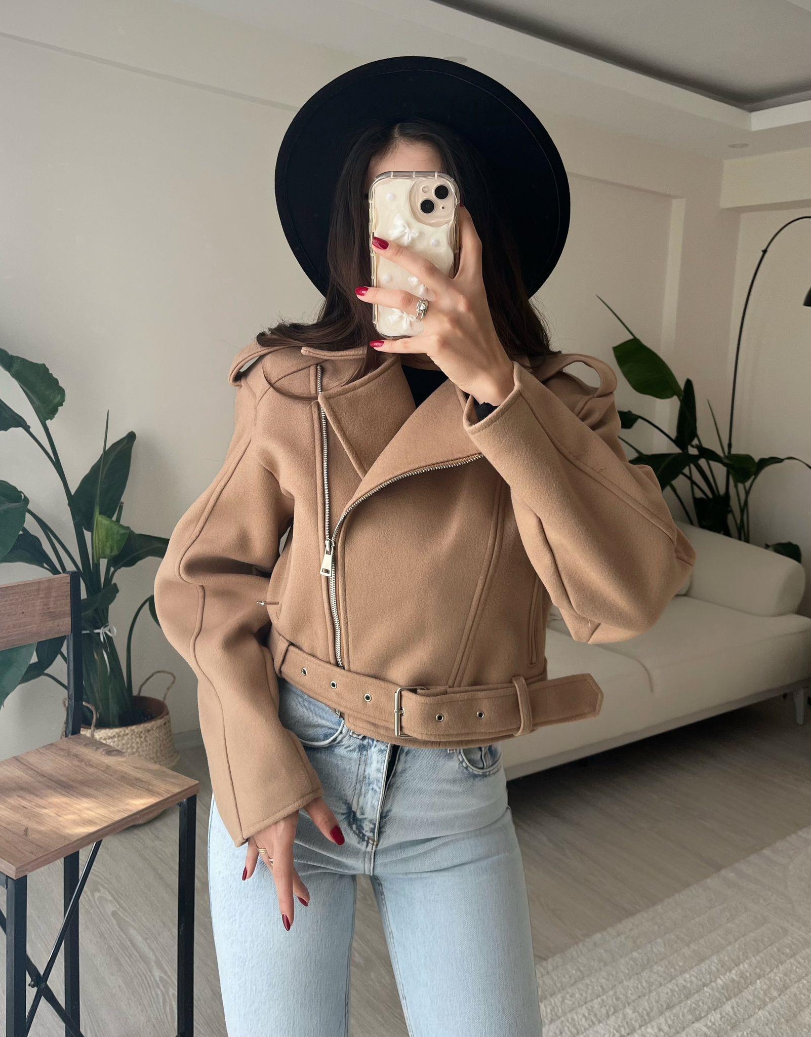 Paula Premium Kaşe Biker Ceket Taba