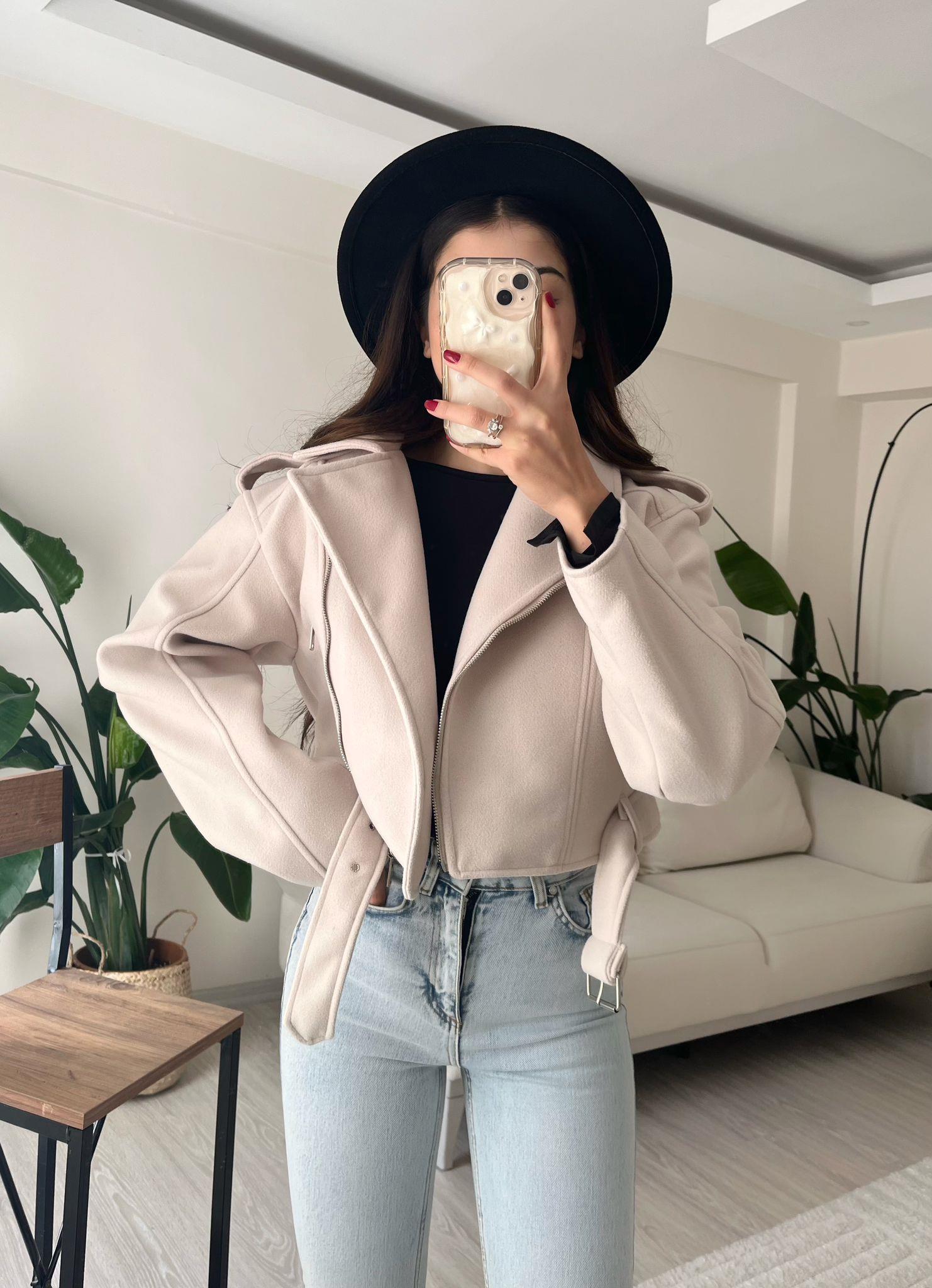 Paula Premium Kaşe Biker Ceket Taş