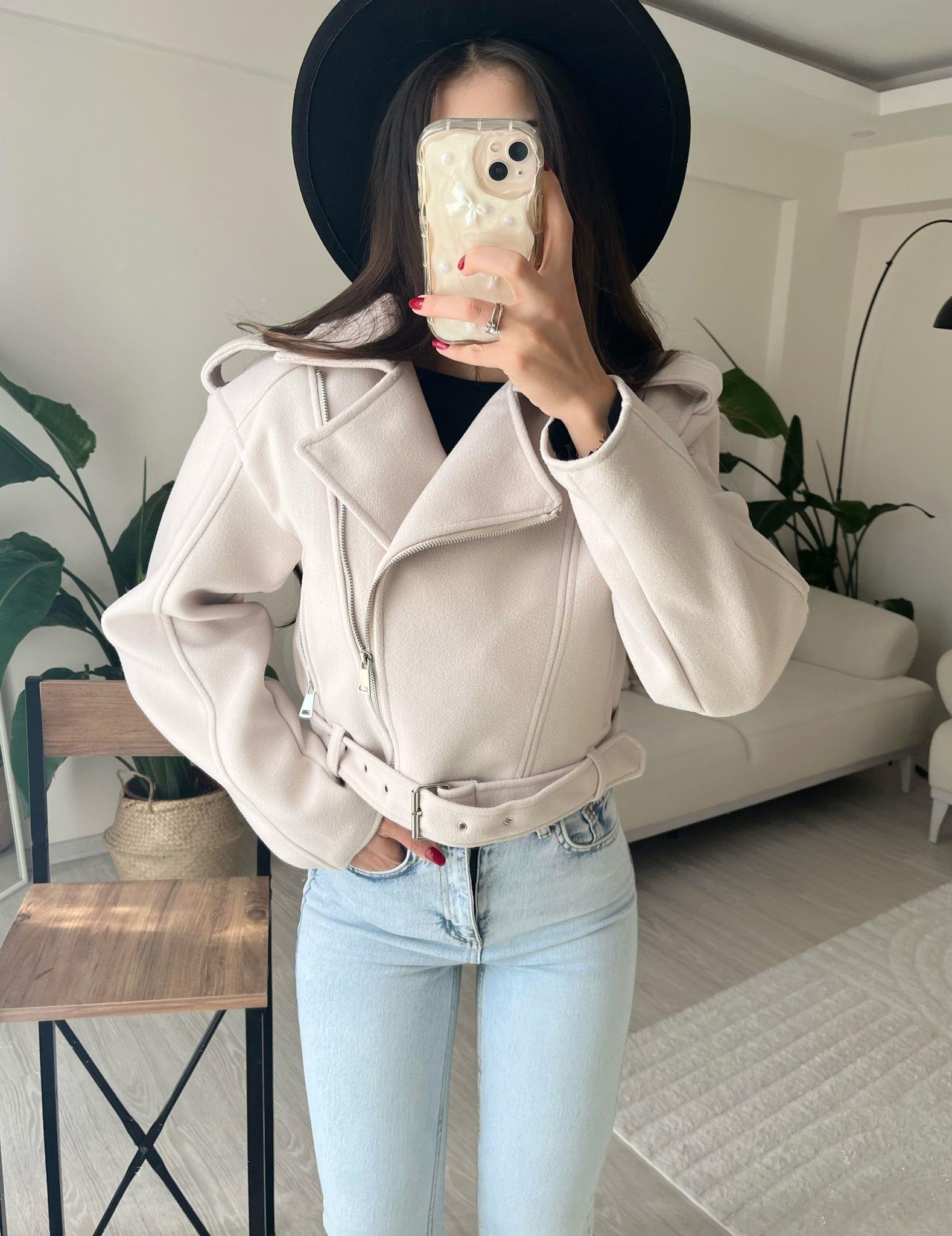 Paula Premium Kaşe Biker Ceket Taş