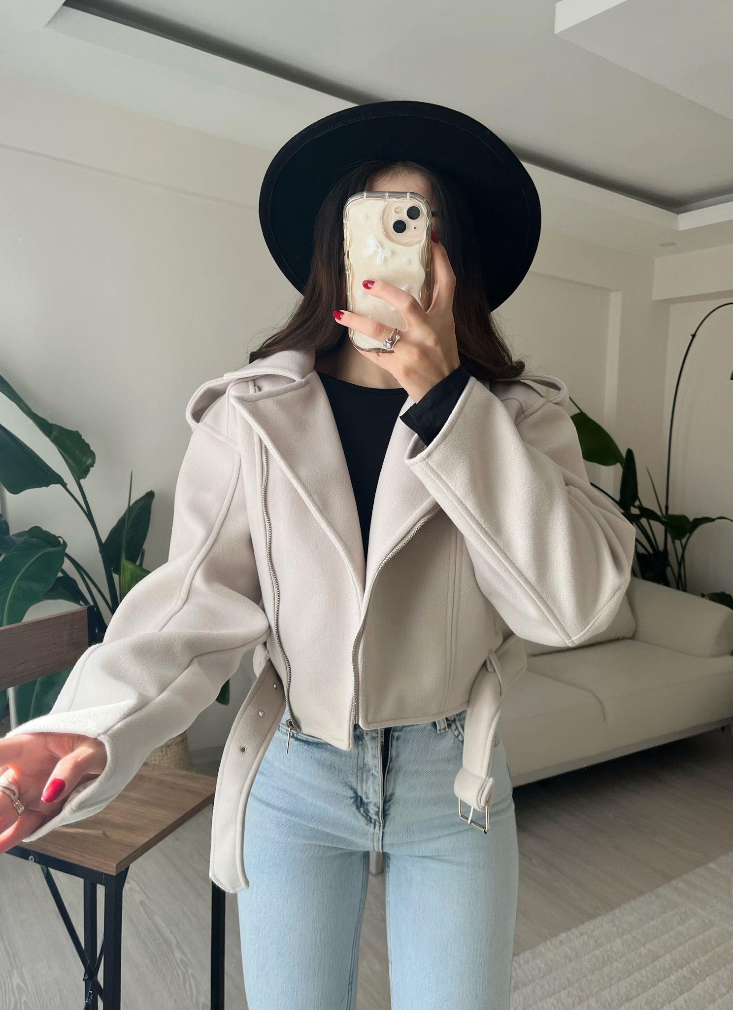 Paula Premium Kaşe Biker Ceket Taş