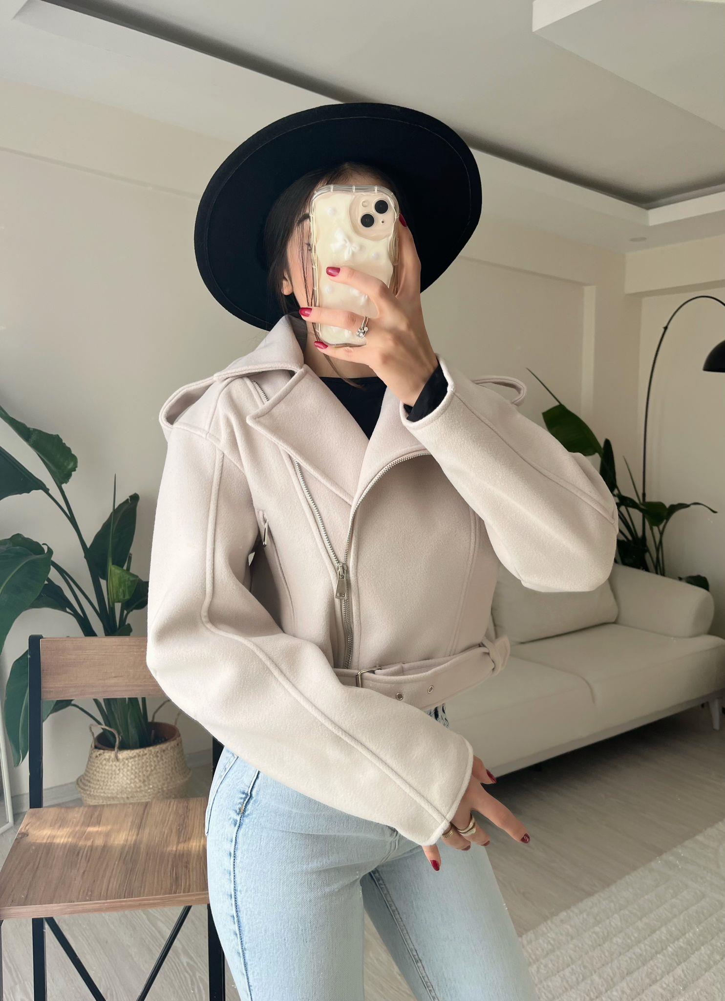 Paula Premium Kaşe Biker Ceket Taş