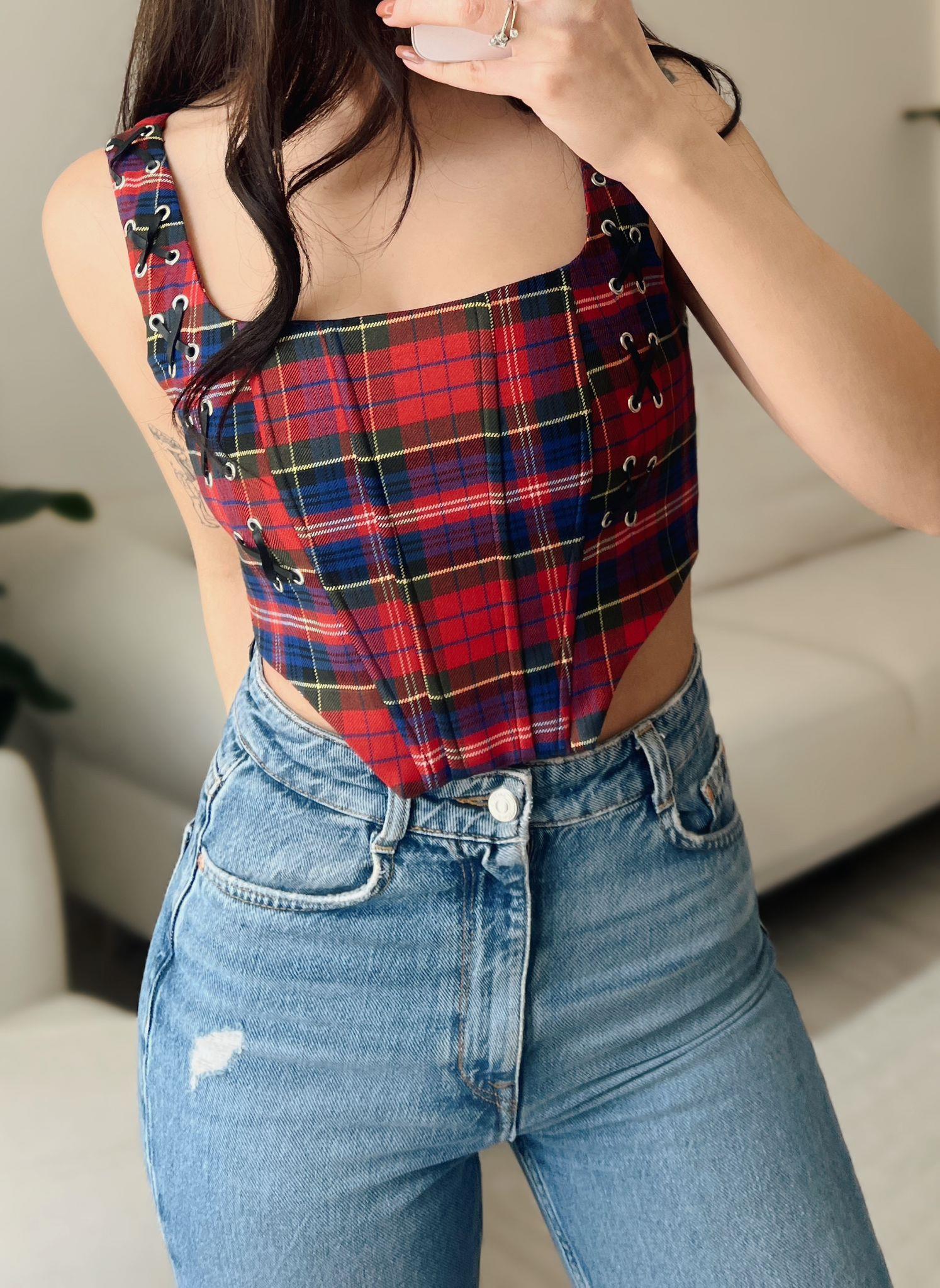 Plaid Kuşgözü Detay Gipeli Korse Bluz
