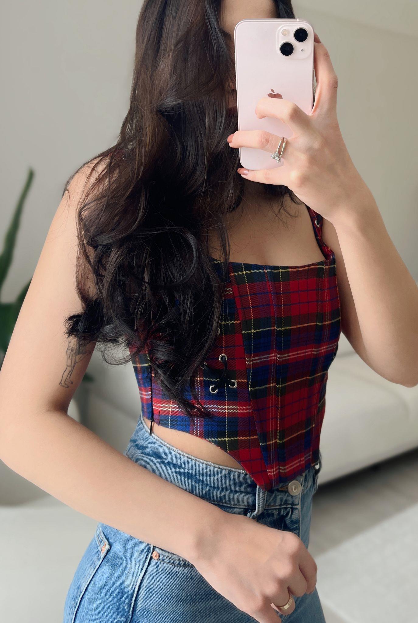 Plaid Kuşgözü Detay Gipeli Korse Bluz