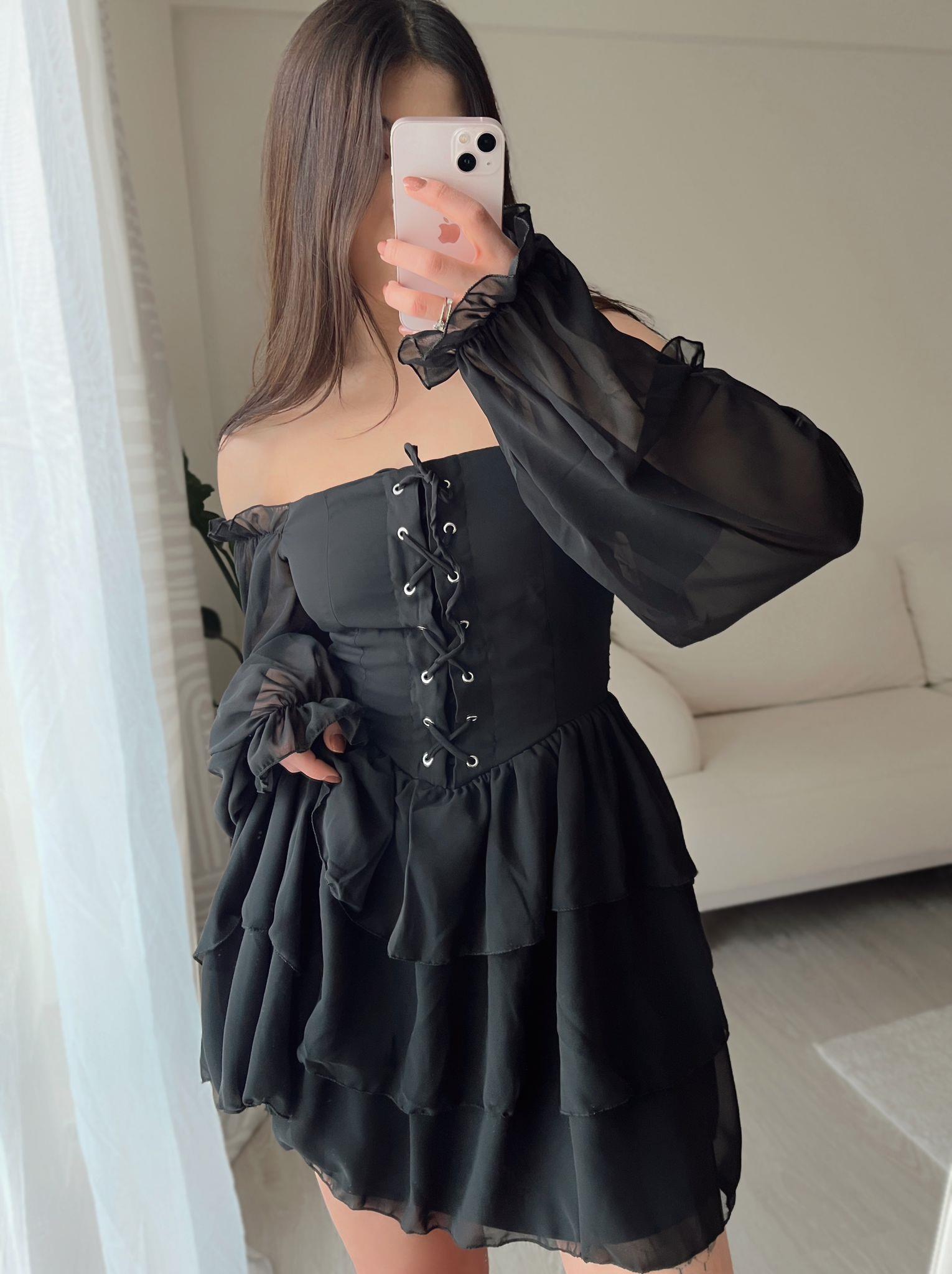 Raquel Kuşgözü Detay Şifon Siyah Mini Elbise