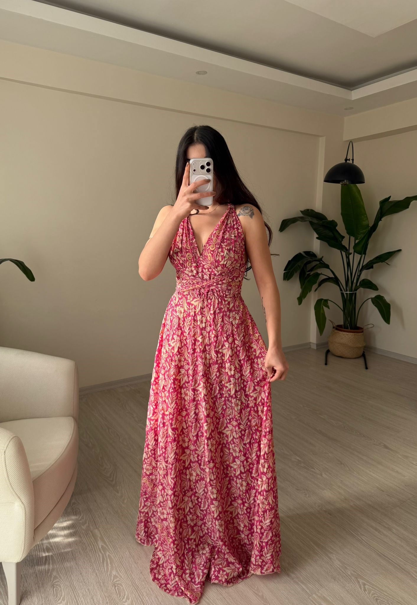 Rhea Etnik Desen Bağlamalı İpek Elbise Pembe