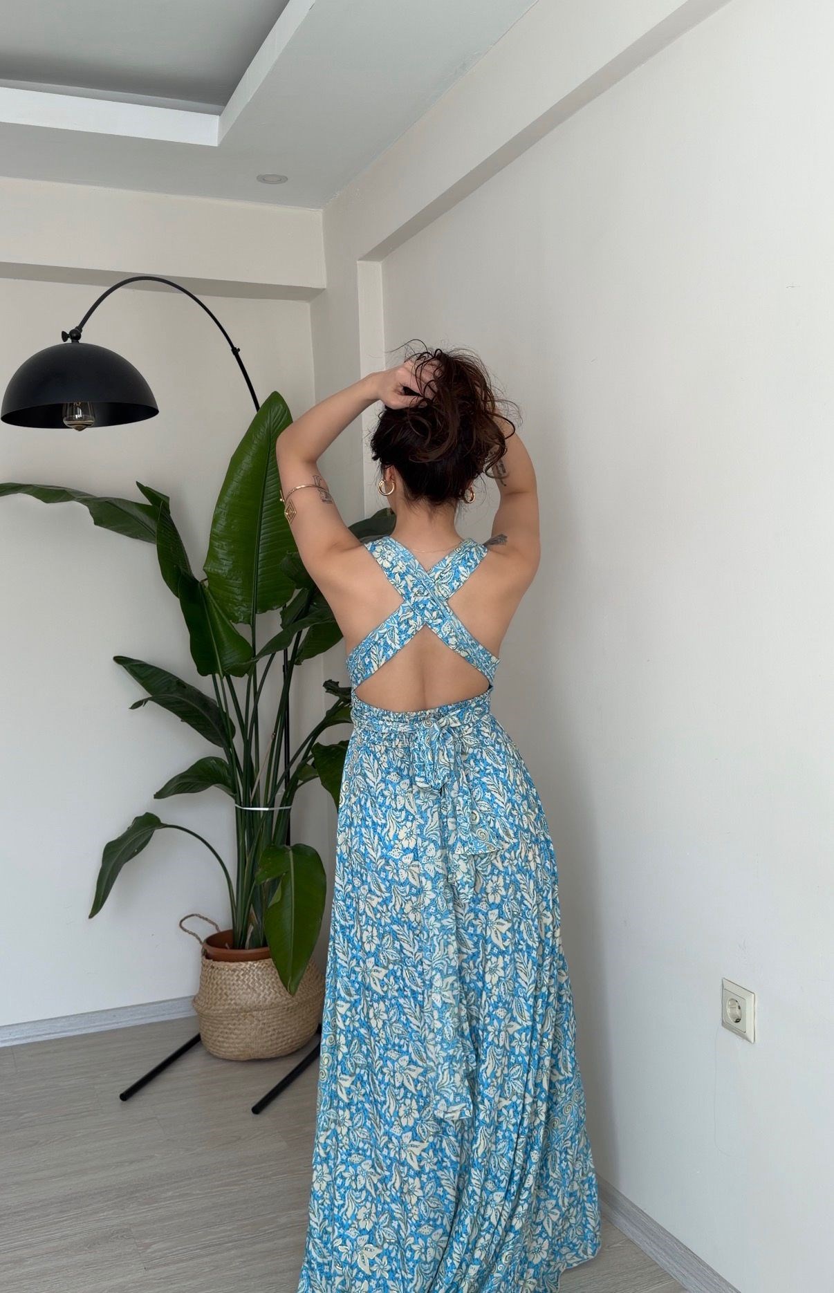 Rhea Etnik Desen Bağlamalı İpek Elbise Mavi