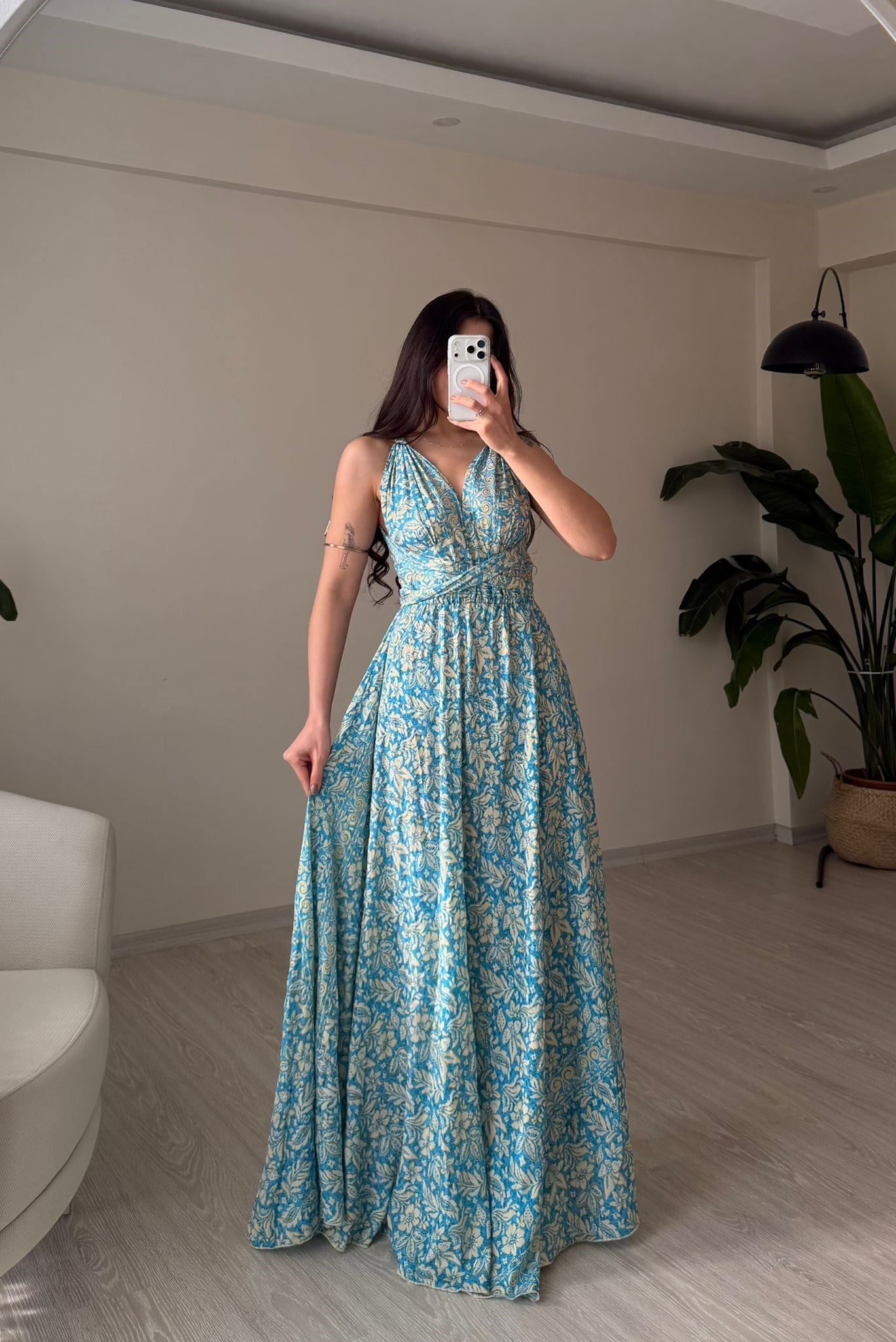 Rhea Etnik Desen Bağlamalı İpek Elbise Mavi