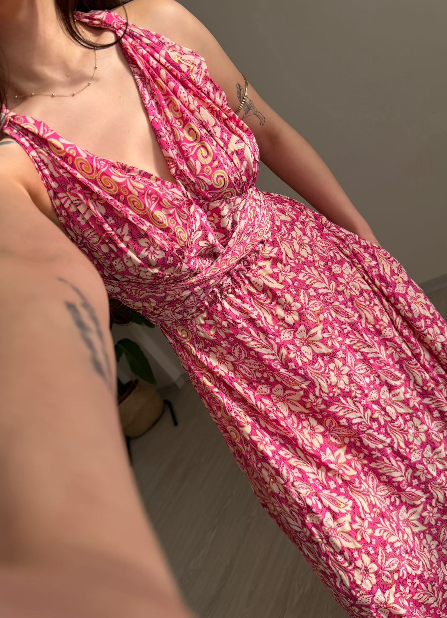 Rhea Etnik Desen Bağlamalı İpek Elbise Pembe