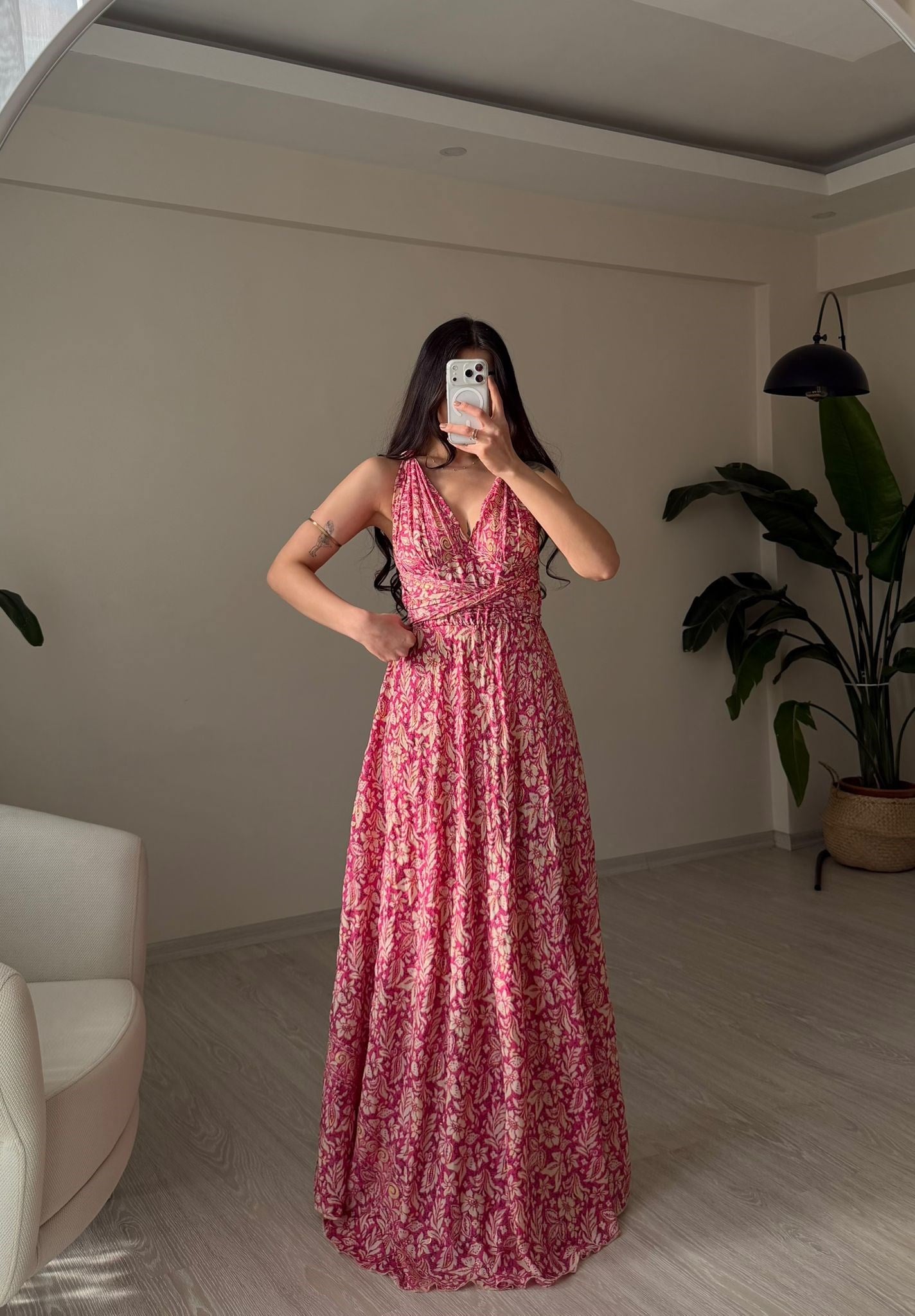 Rhea Etnik Desen Bağlamalı İpek Elbise Pembe