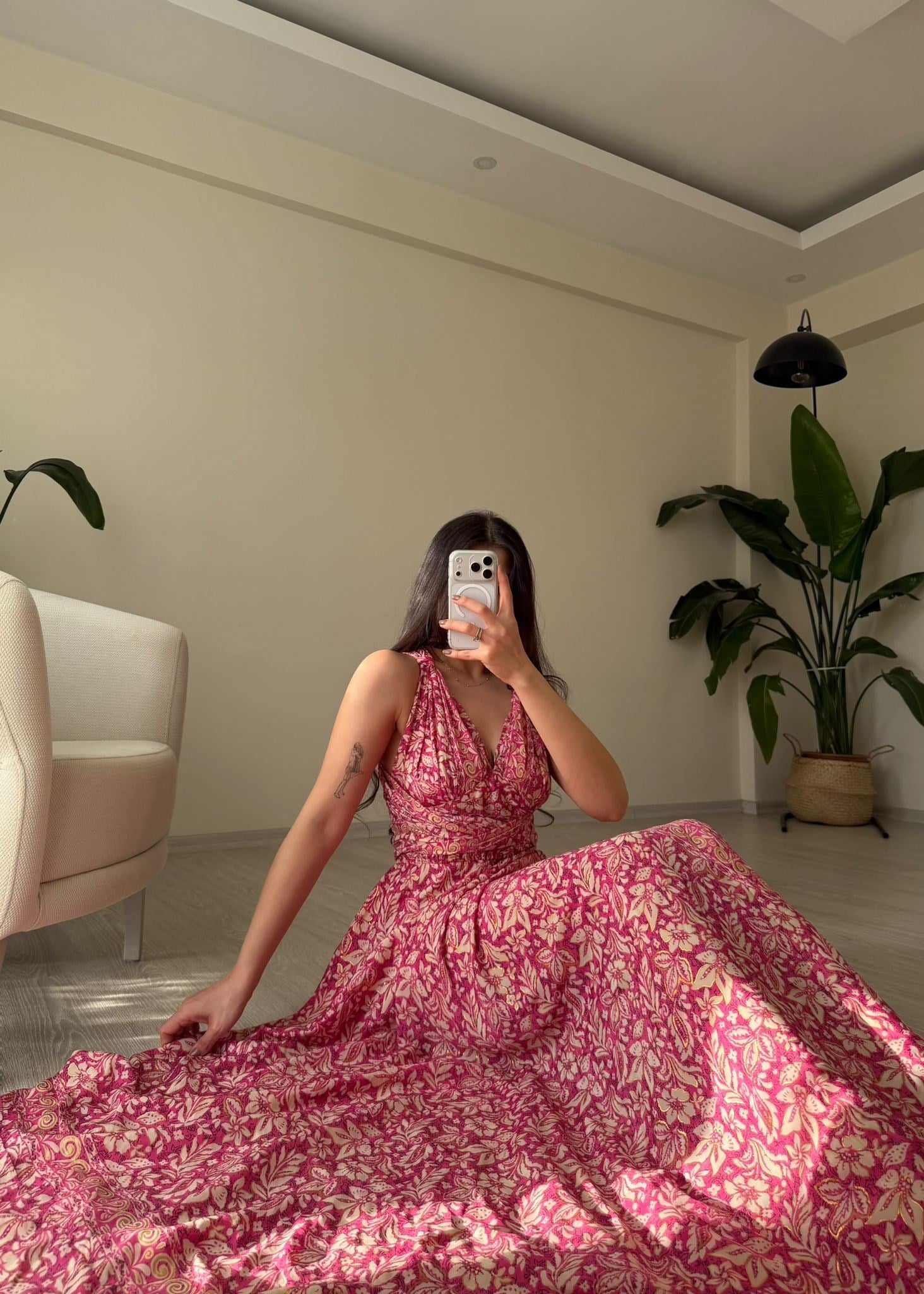 Rhea Etnik Desen Bağlamalı İpek Elbise Pembe