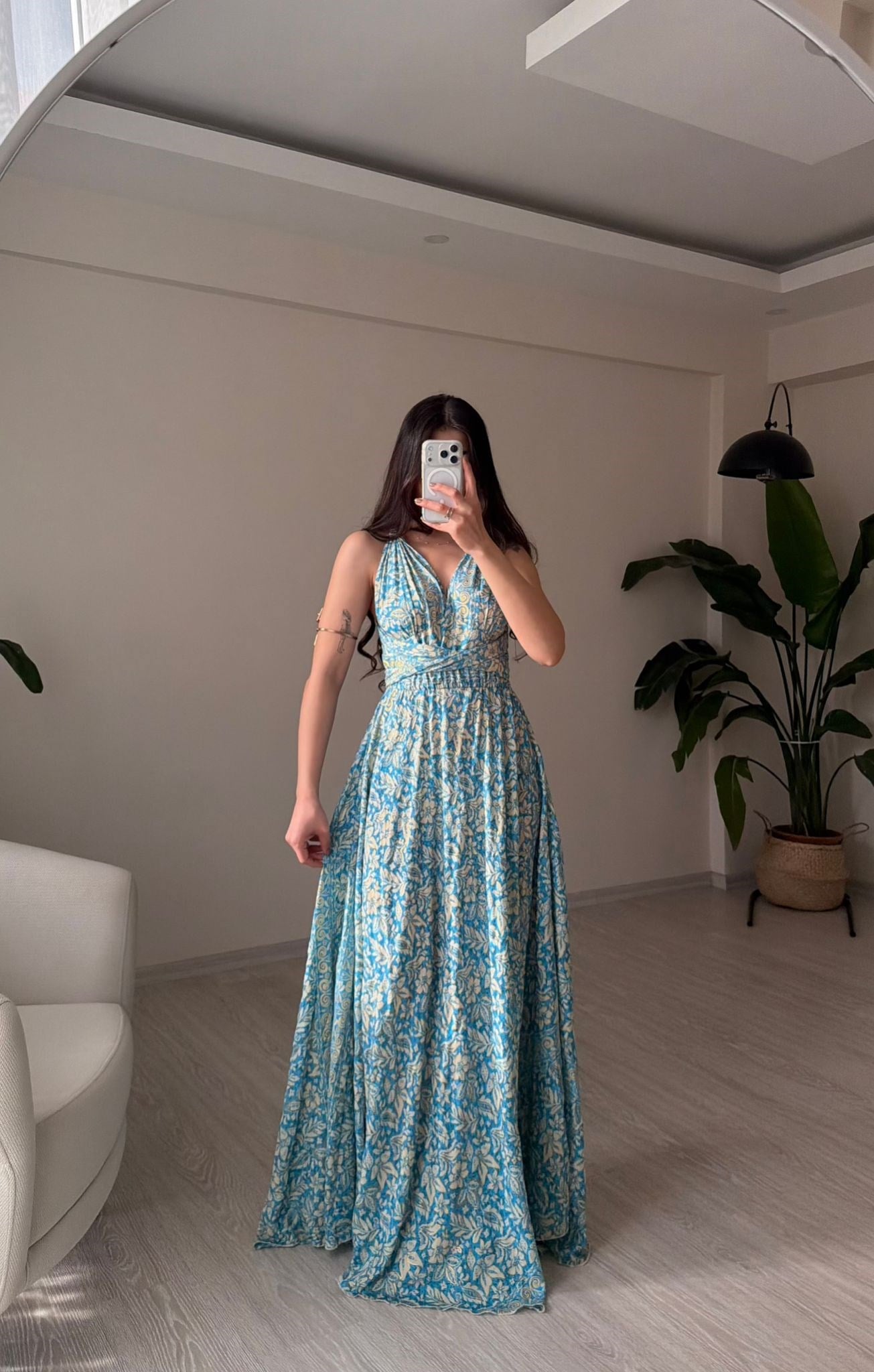Rhea Etnik Desen Bağlamalı İpek Elbise Mavi