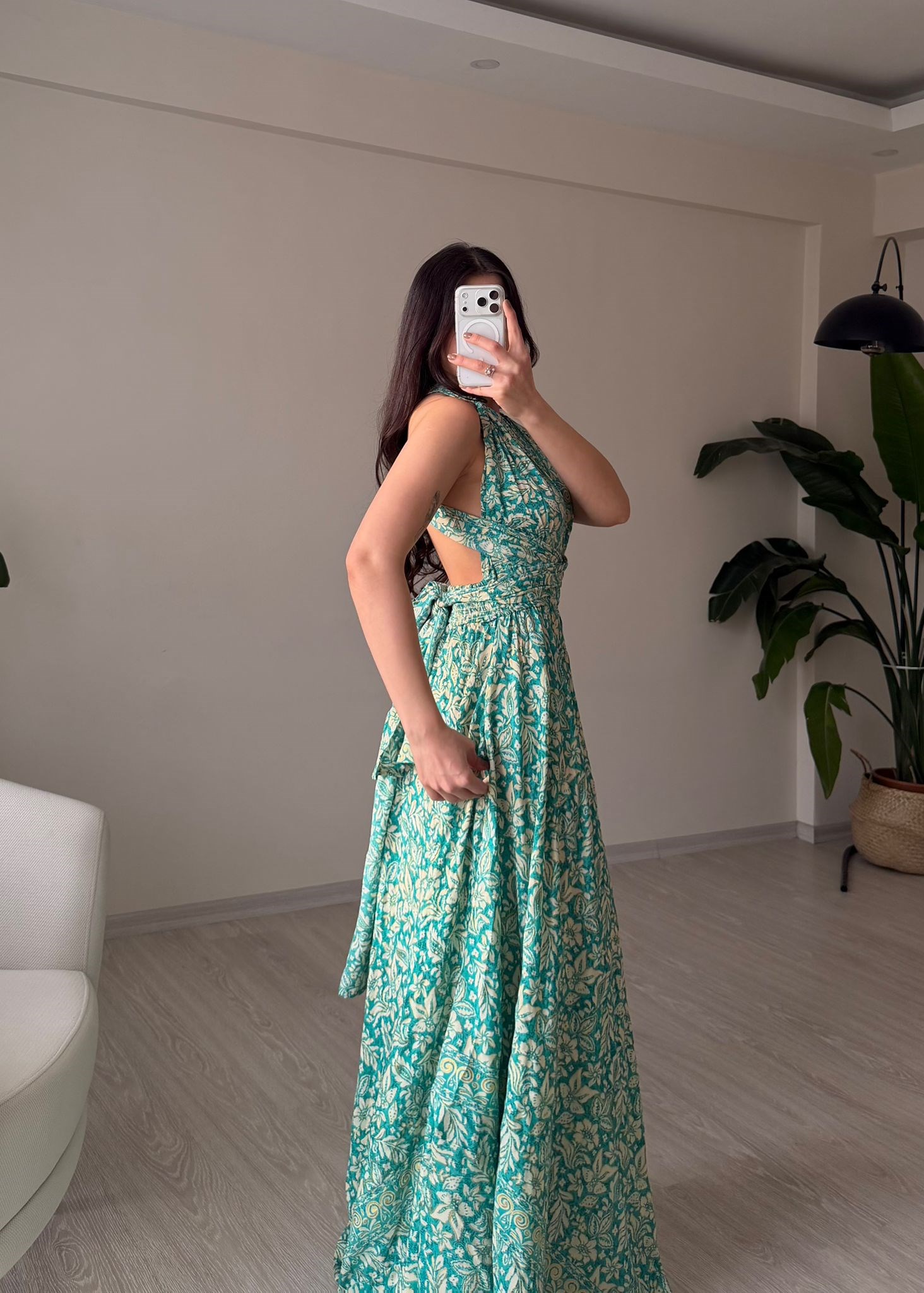 Rhea Etnik Desen Bağlamalı İpek Elbise Yeşil
