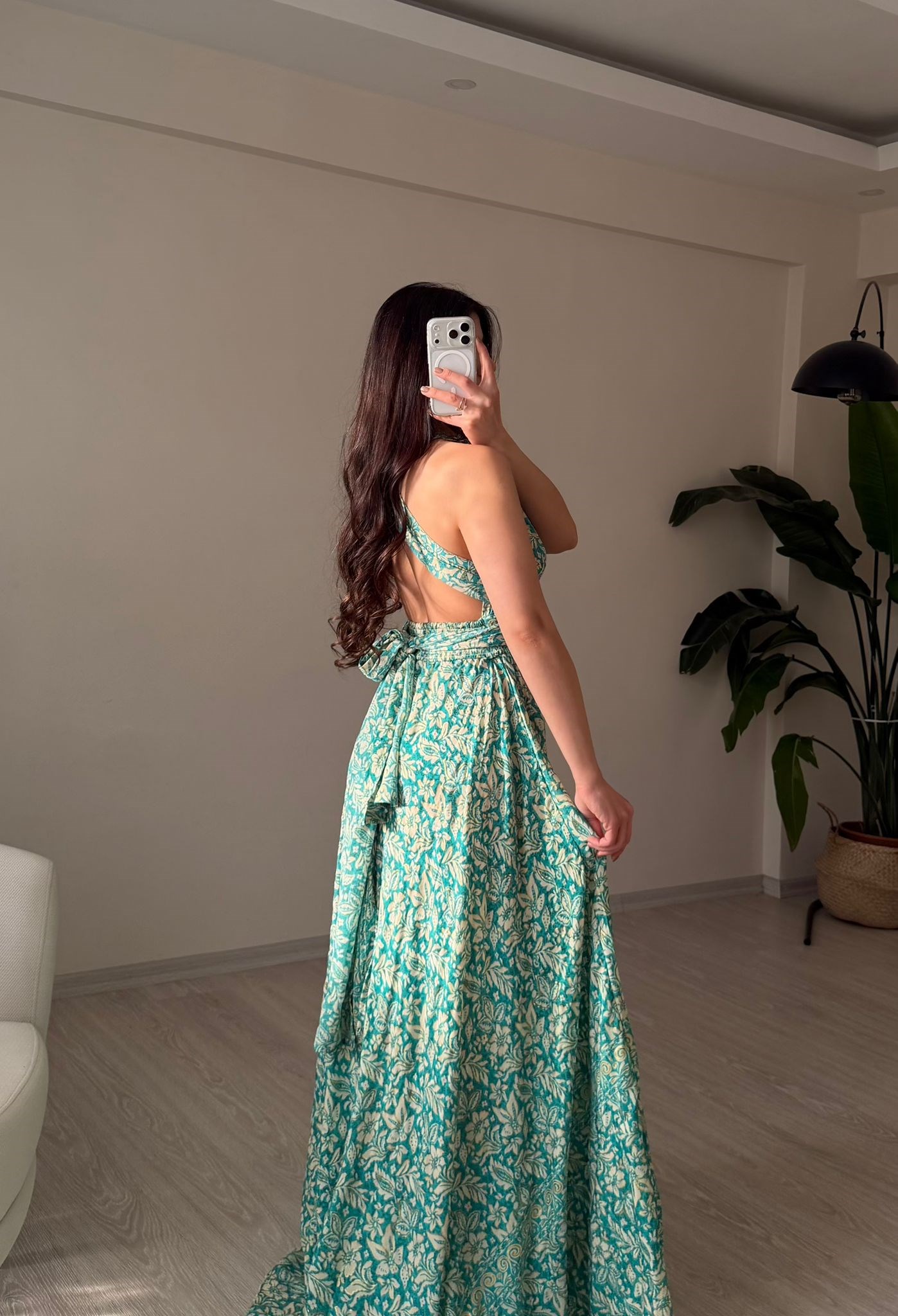 Rhea Etnik Desen Bağlamalı İpek Elbise Yeşil