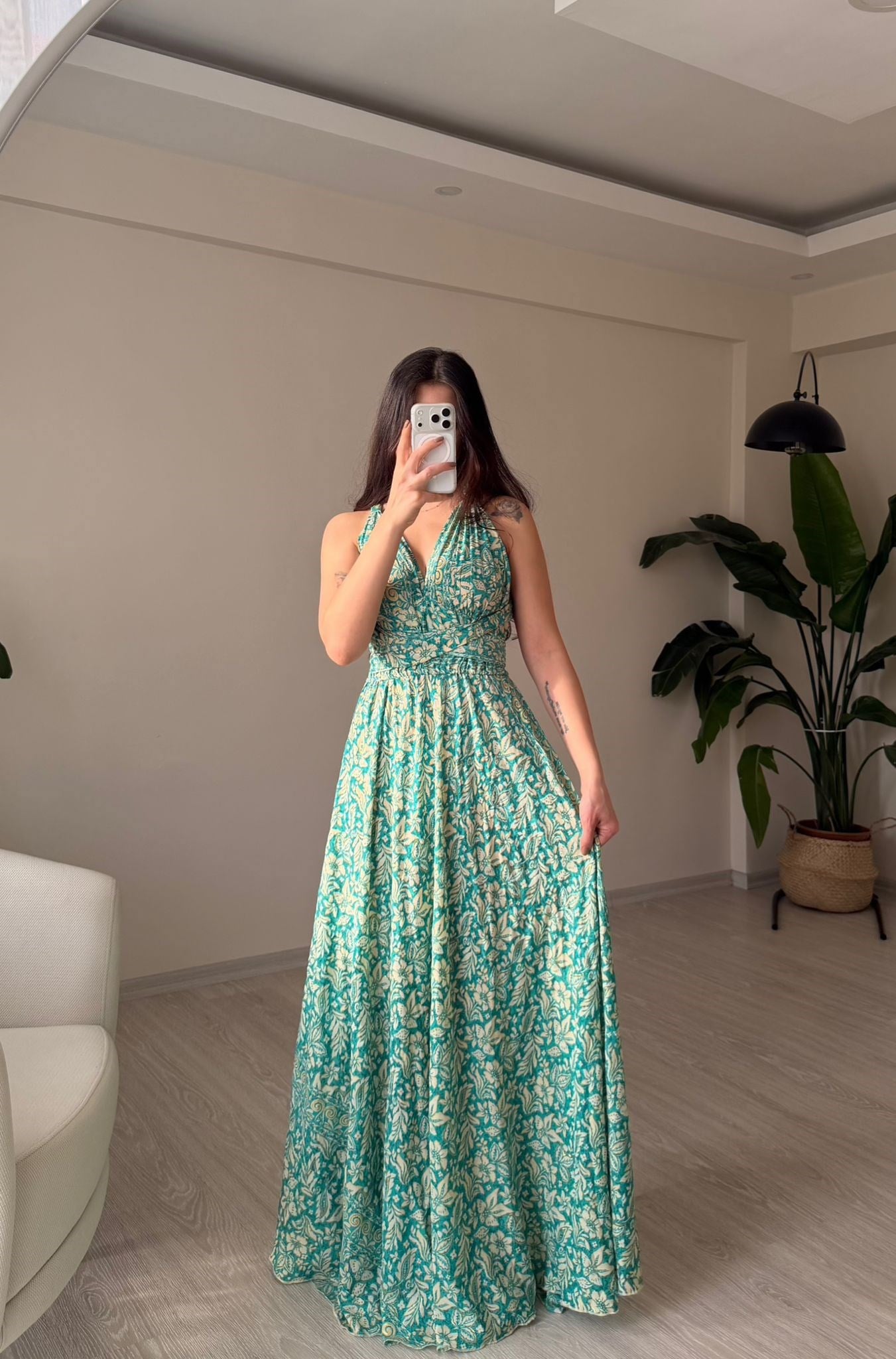 Rhea Etnik Desen Bağlamalı İpek Elbise Yeşil