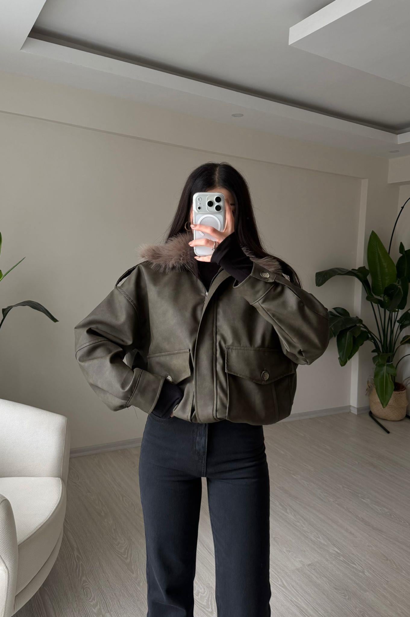 Rogue Kürk Yaka Deri Bomber Ceket Haki