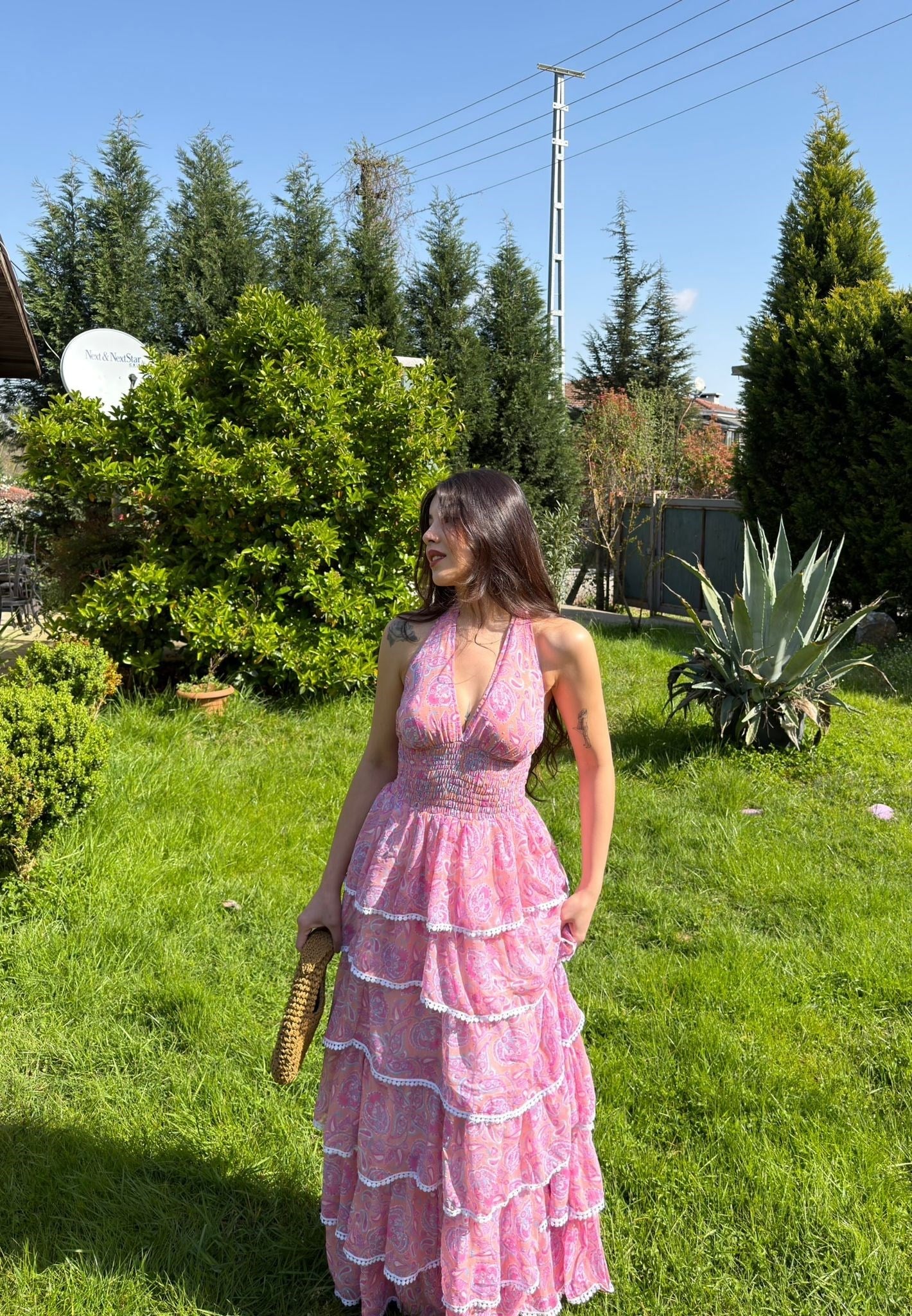 Rosalia Volanlı Kat Kat Şifon Elbise Pembe