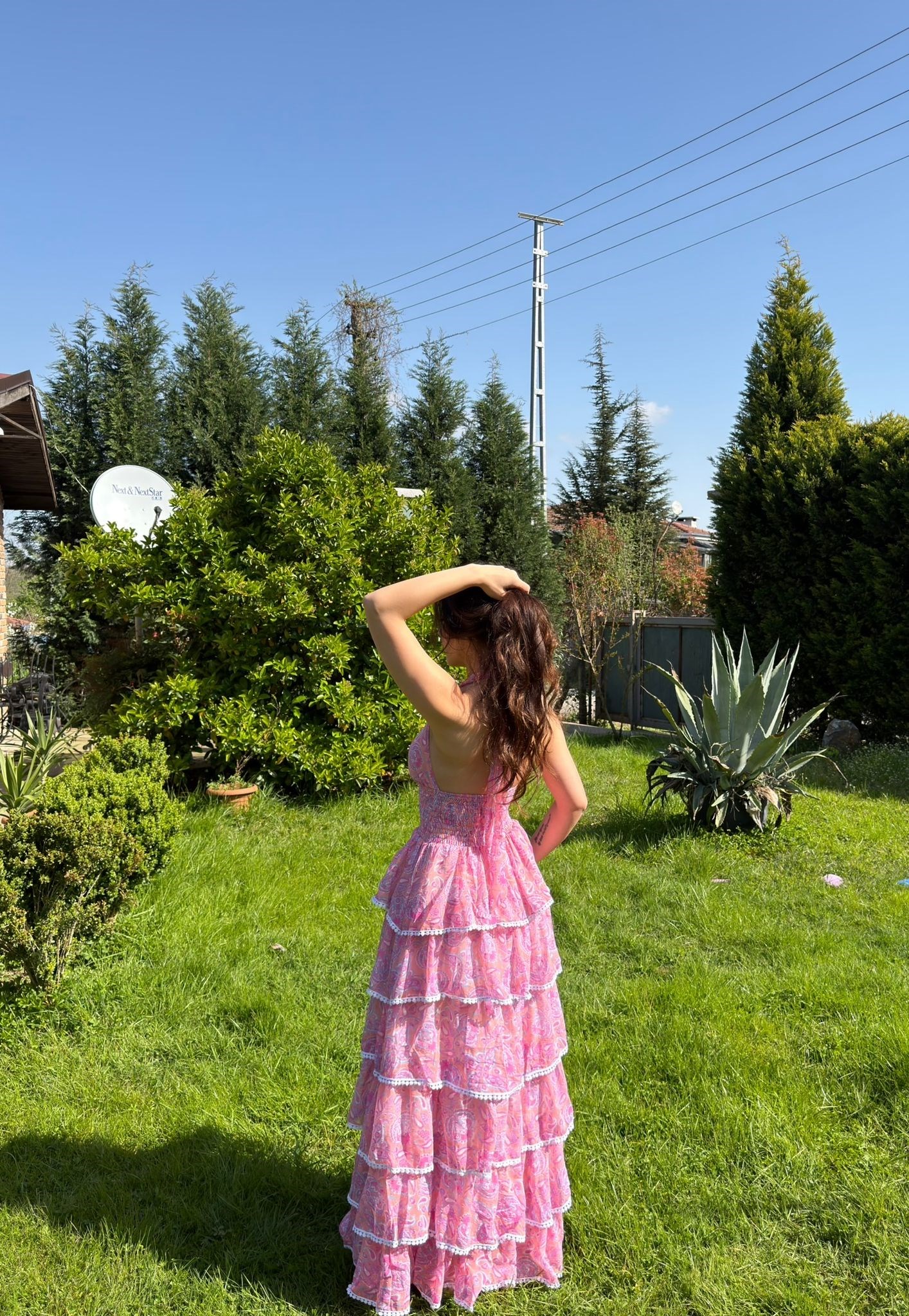 Rosalia Volanlı Kat Kat Şifon Elbise Pembe