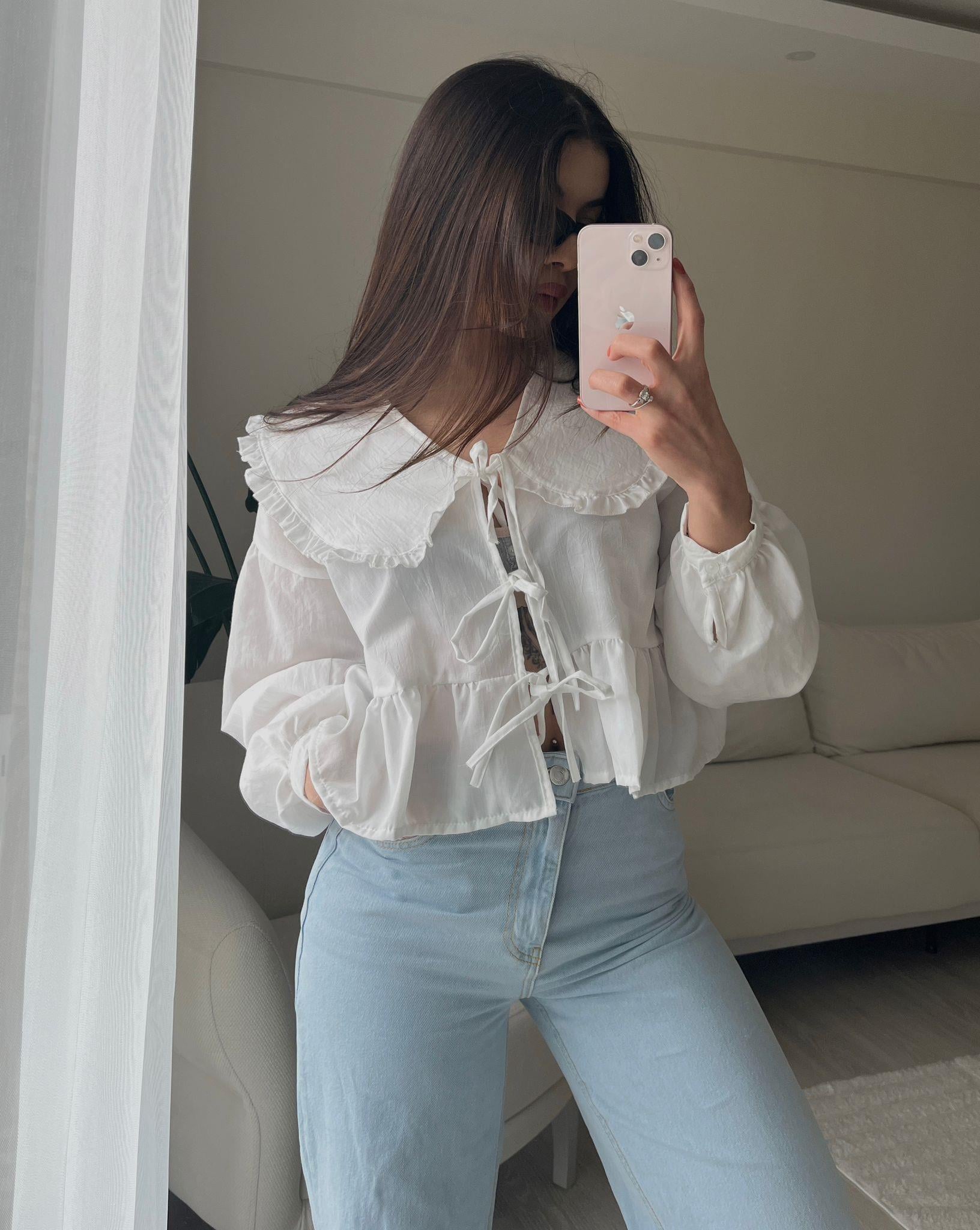Ruth Bebe Yaka Bağlamalı Beyaz Gömlek