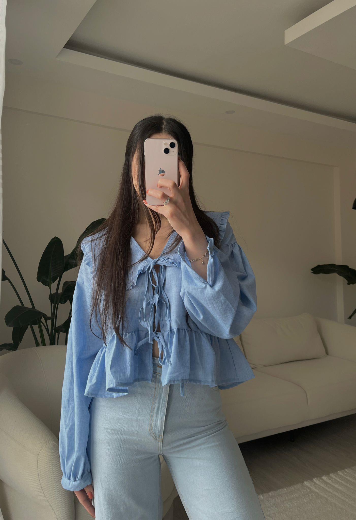 Ruth Bebe Yaka Bağlamalı Mavi Gömlek