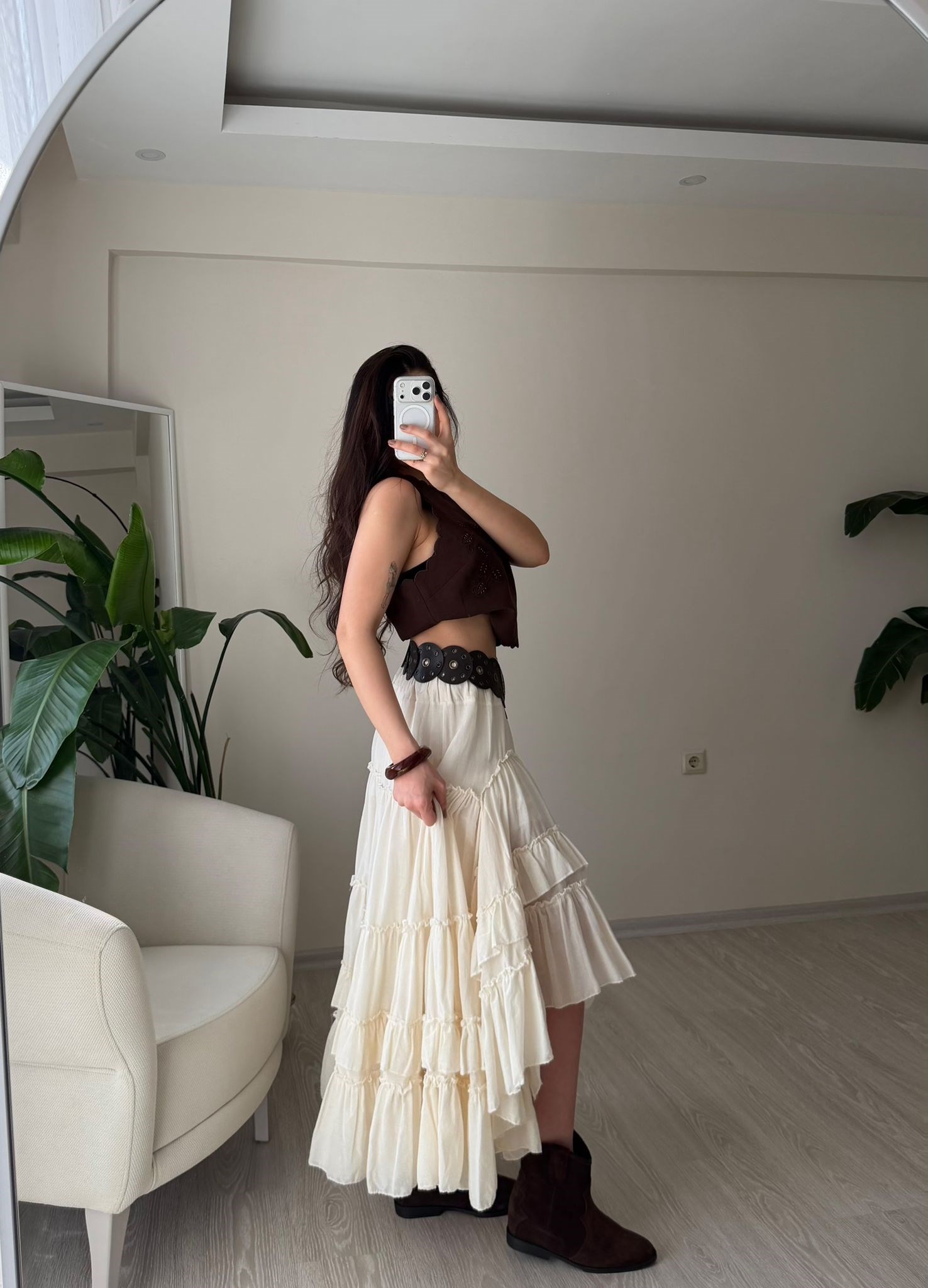 Sahra Volanlı Ham Keten Bohem Etek Natural