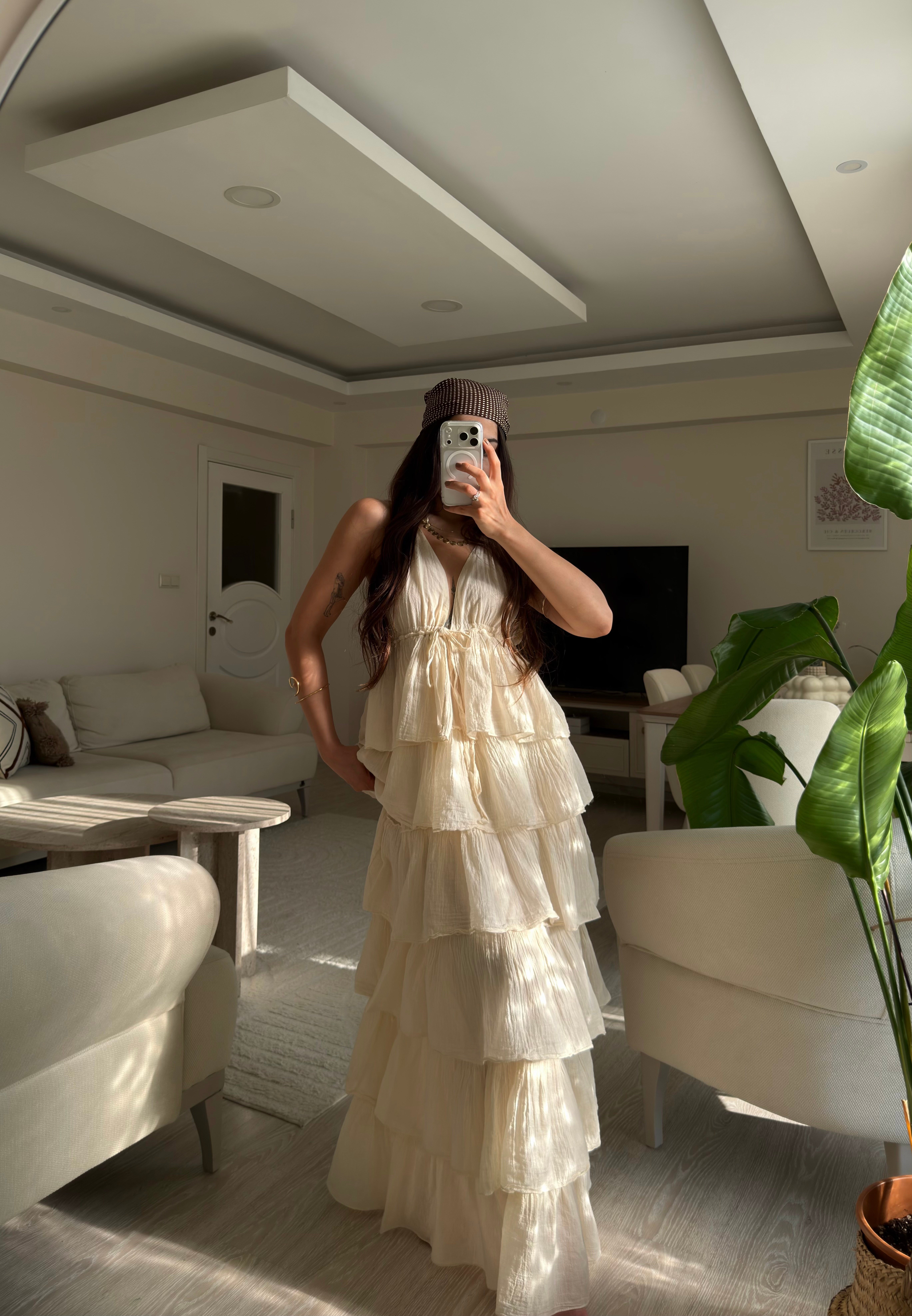 Santorini Volanlı Sırt Dekolteli Bohem Elbise
