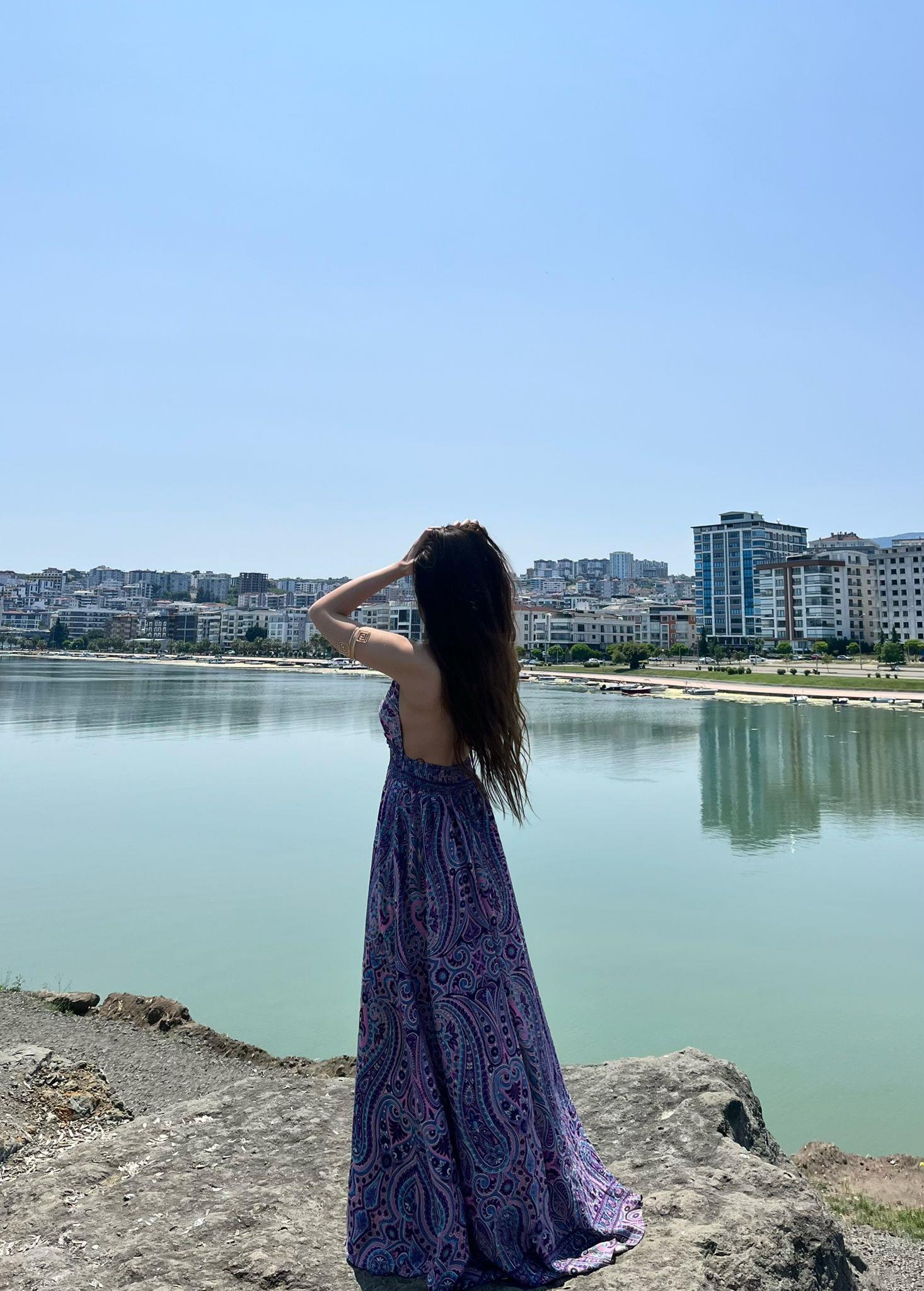 Sapphire Sırt Dekolteli Etnik Desen Viskon Elbise Mor