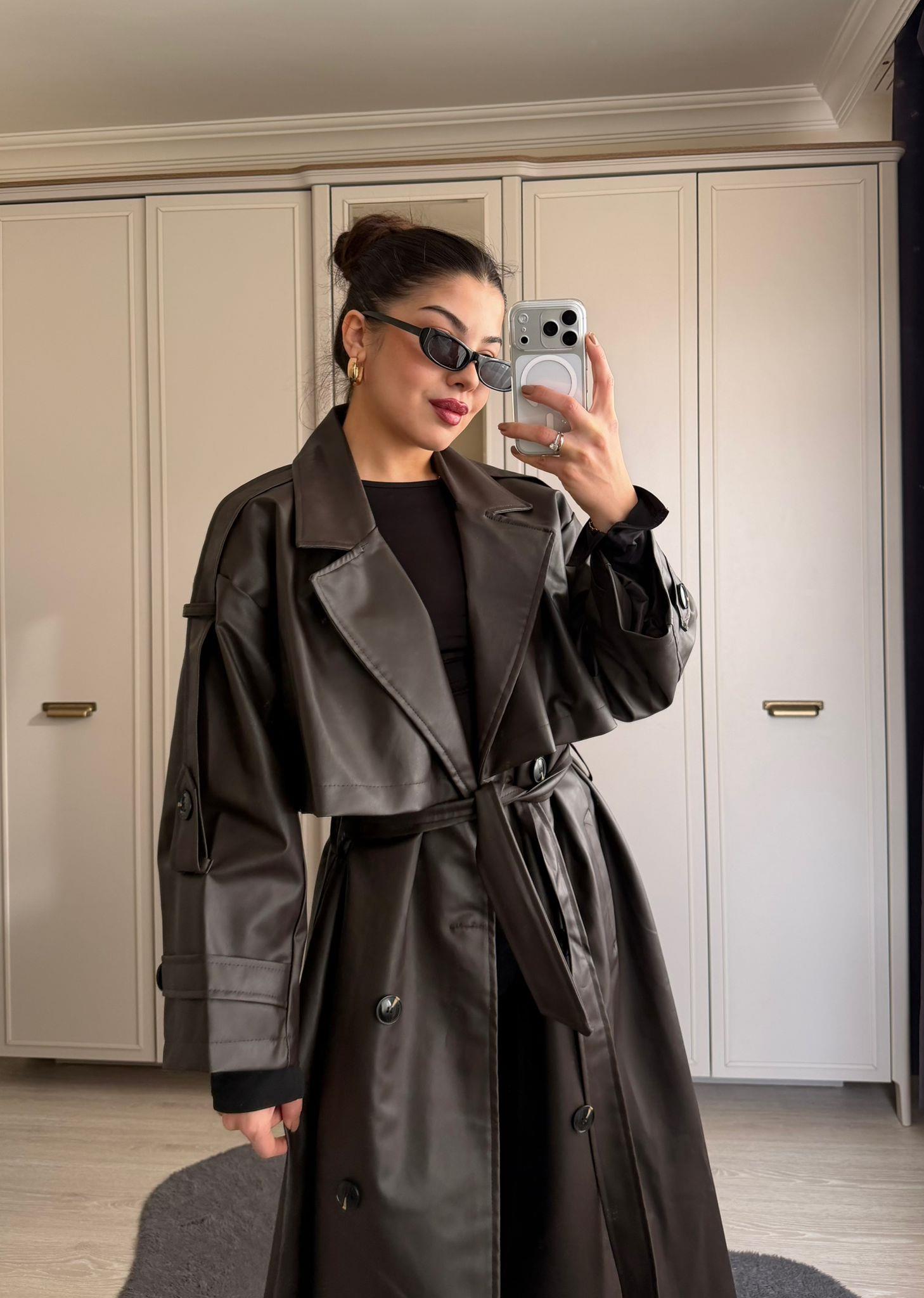 Shade Kuşaklı Uzun Deri Trençkot Acı Kahve 