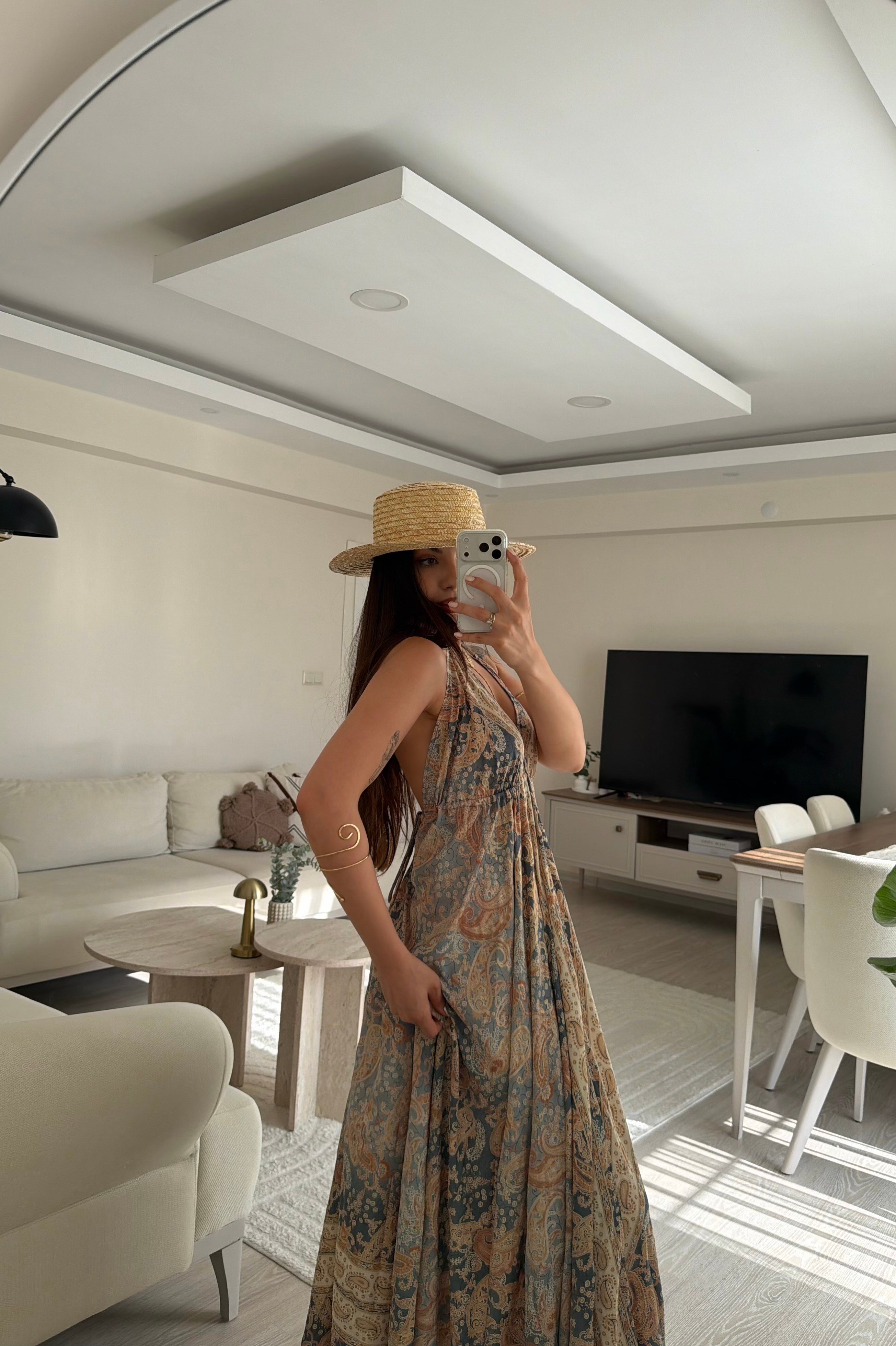 Shiva Sırt Dekolteli Etnik Desen İpek Elbise