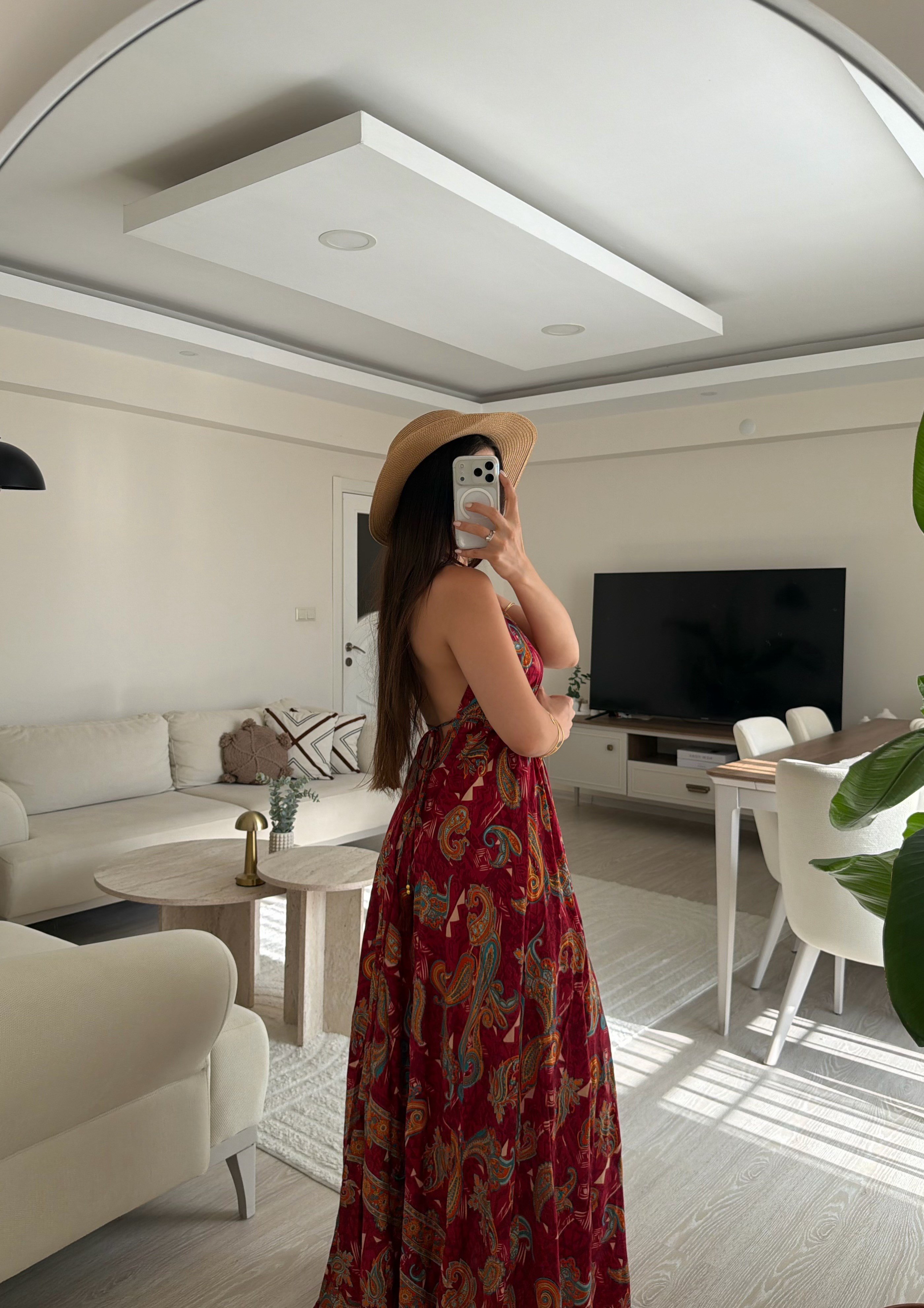 Shiva Sırt Dekolteli Etnik Desen İpek Elbise Çok Renkli