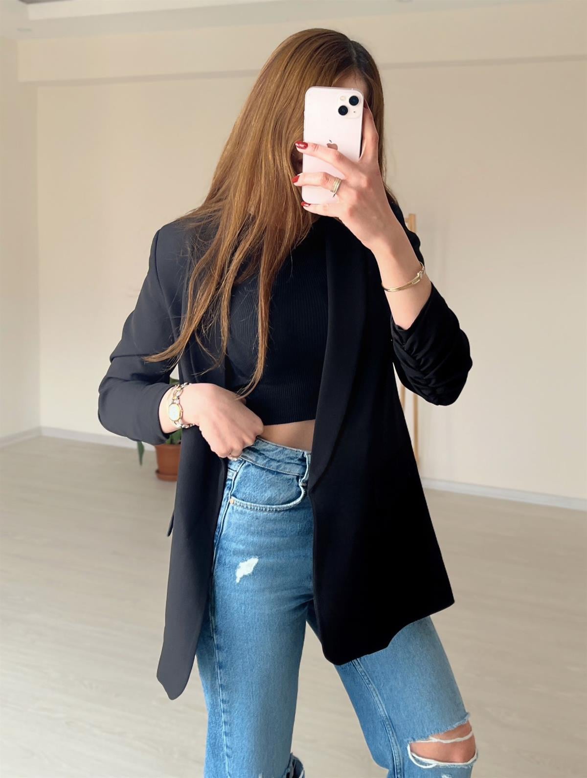 Siyah Kol Detay Blazer Ceket