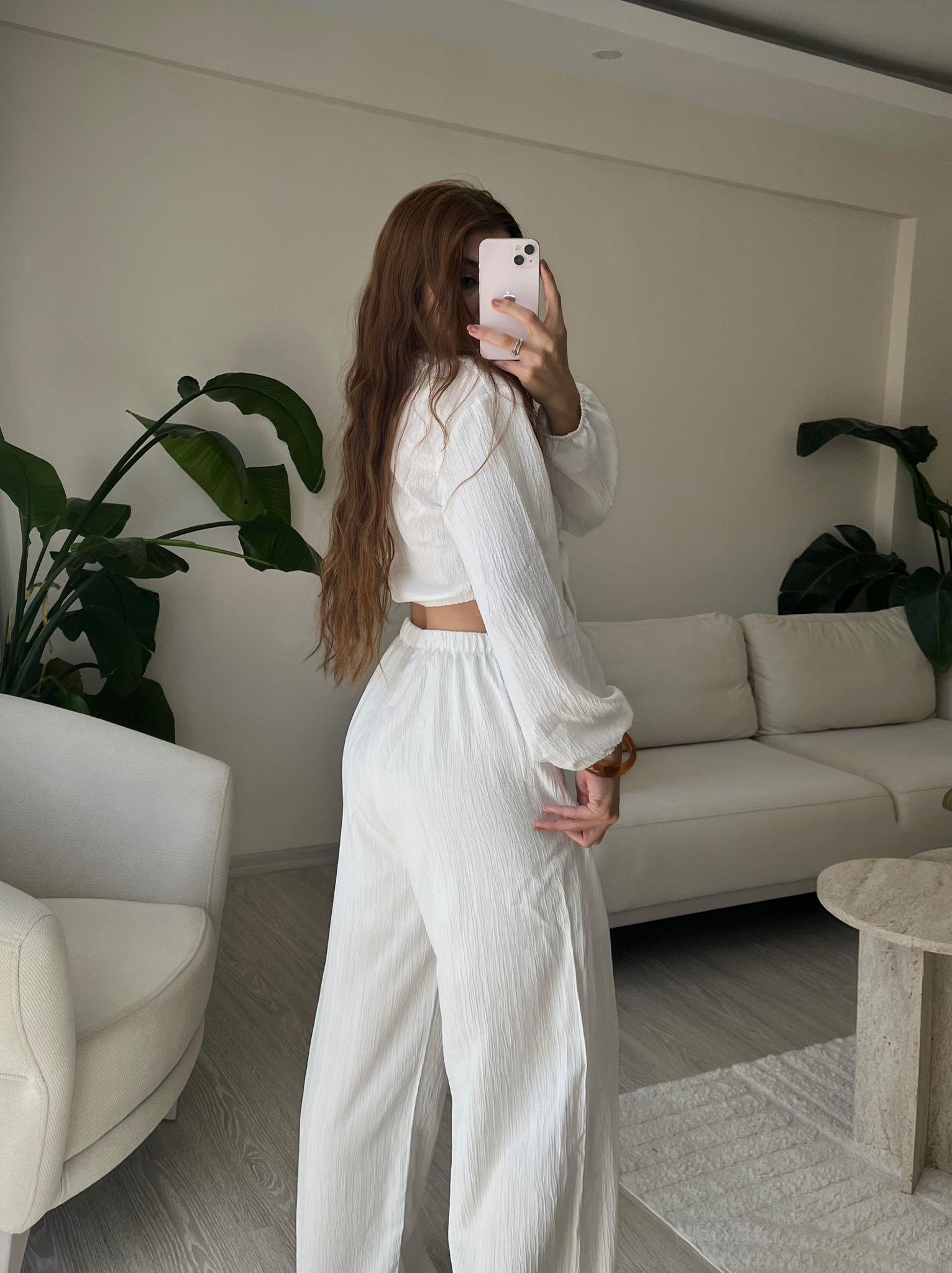 Soleil Bağlamalı Bluz Pantolon İkili Takım Beyaz