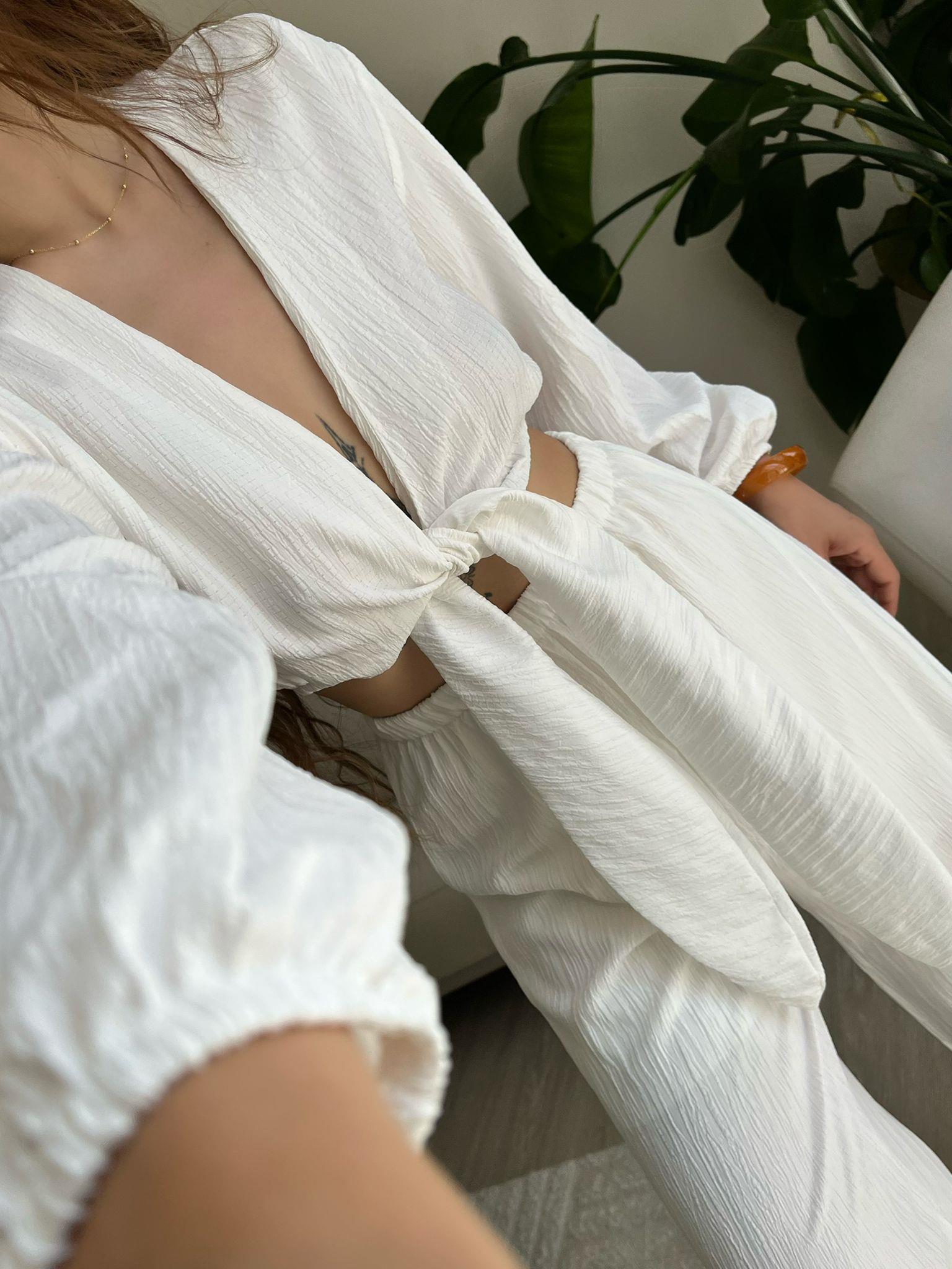 Soleil Bağlamalı Bluz Pantolon İkili Takım Beyaz
