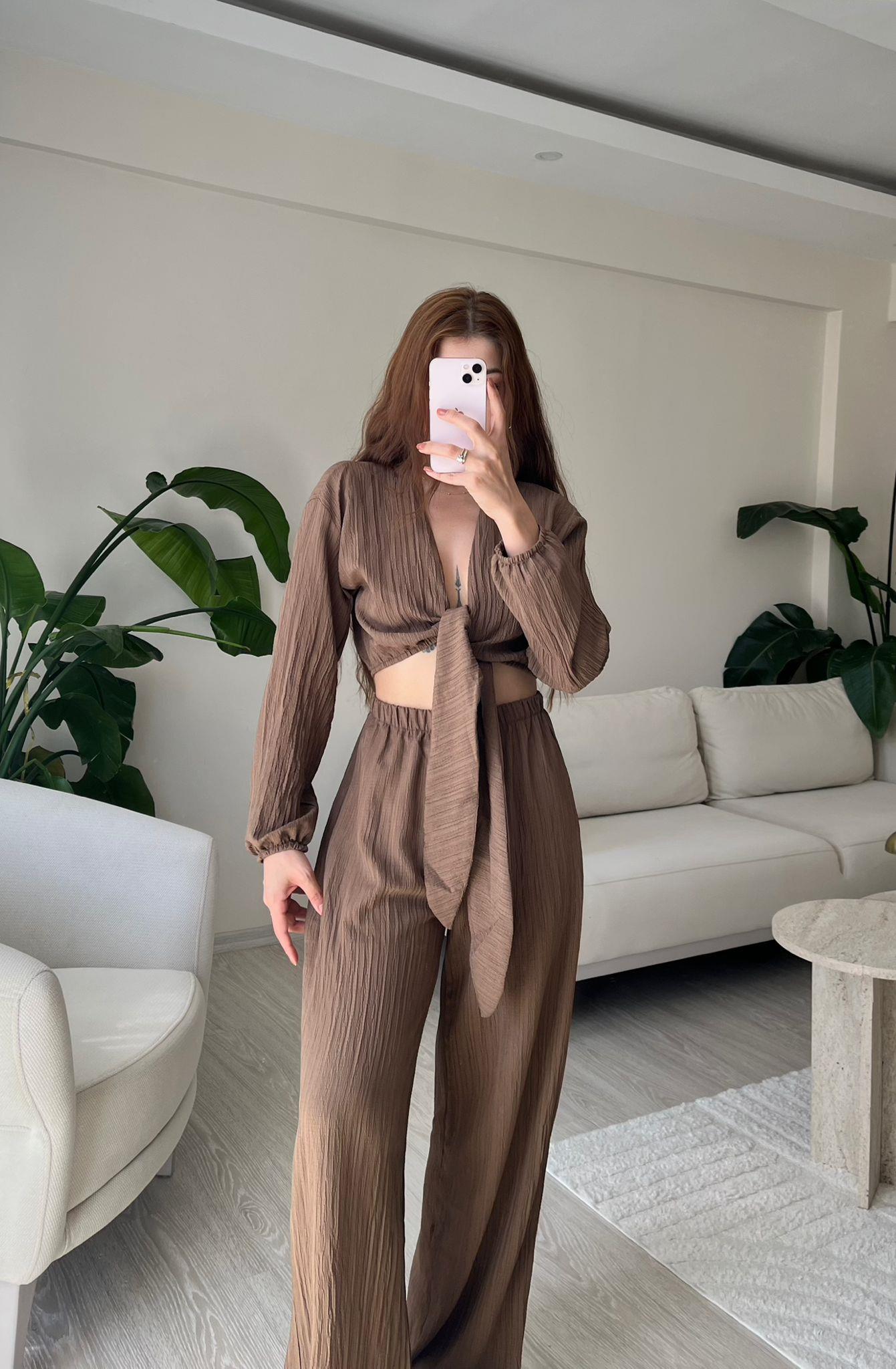 Soleil Bağlamalı Bluz Pantolon İkili Takım Kahve