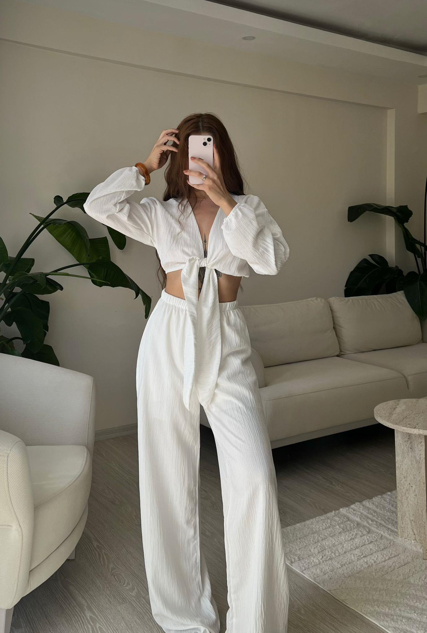 Soleil Bağlamalı Bluz Pantolon İkili Takım Beyaz