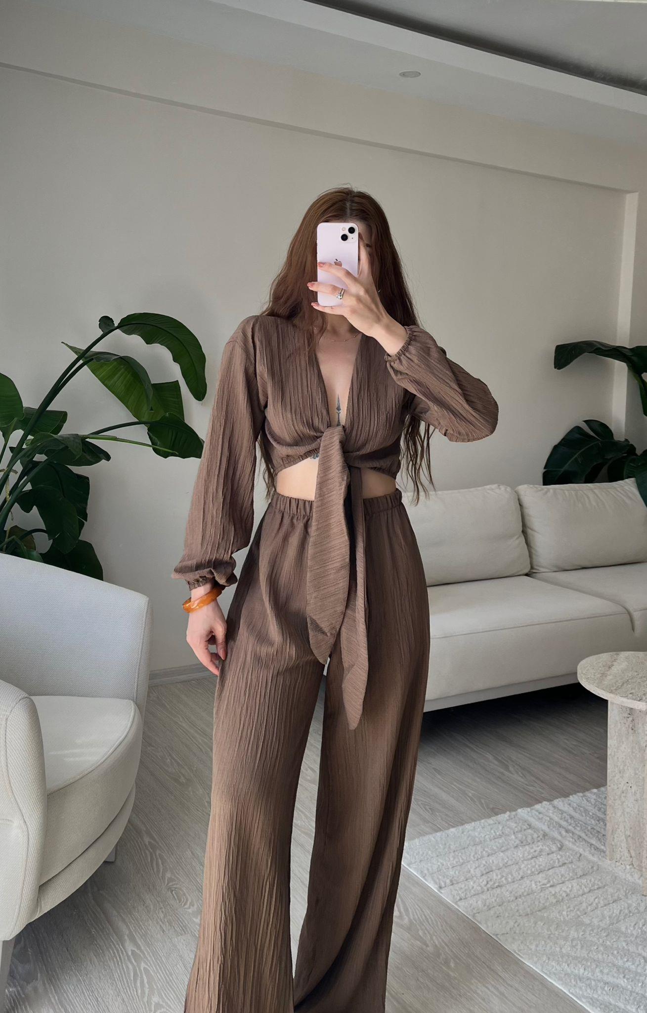 Soleil Bağlamalı Bluz Pantolon İkili Takım Kahve