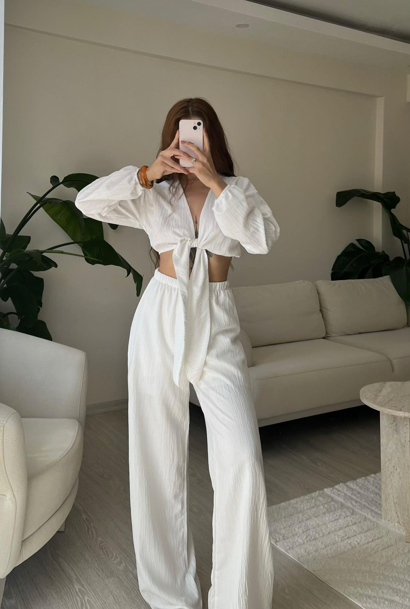 Soleil Bağlamalı Bluz Pantolon İkili Takım Beyaz