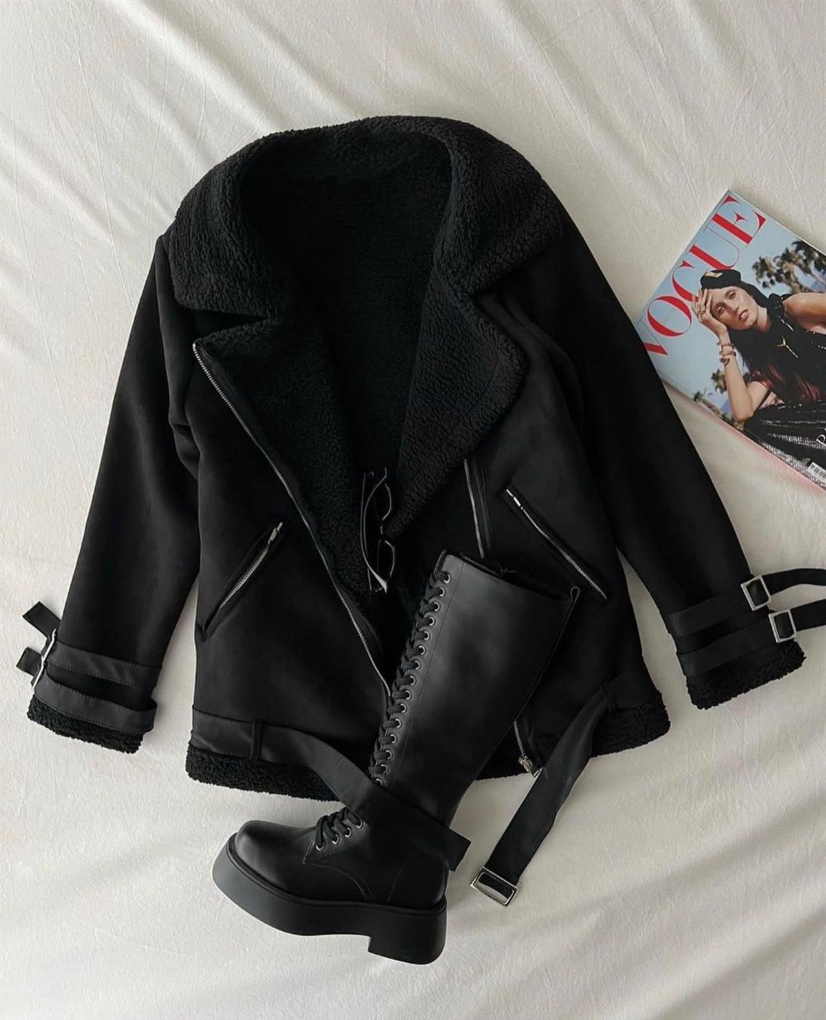 Suni Kürklü Nubuk Biker Siyah Ceket