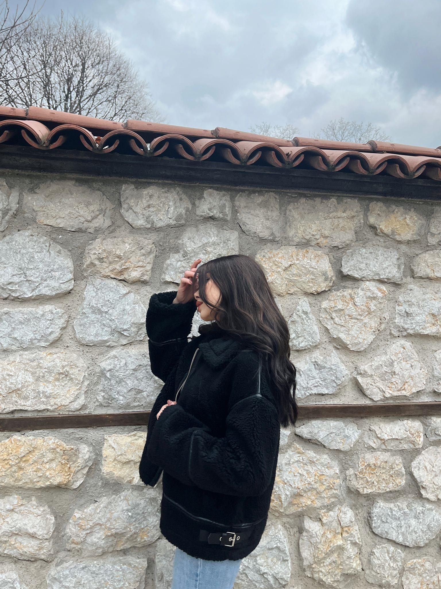 Teddy Marka Model Kürklü Siyah Biker Ceket