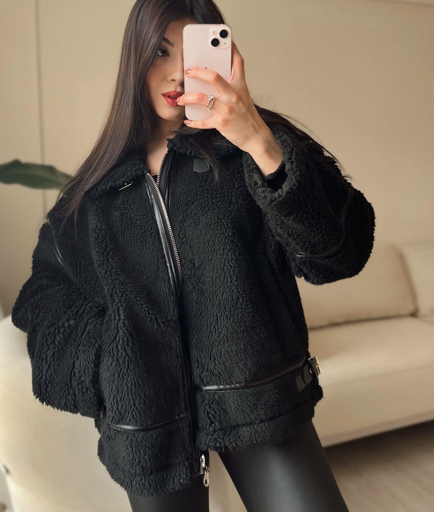 Teddy Marka Model Kürklü Siyah Biker Ceket