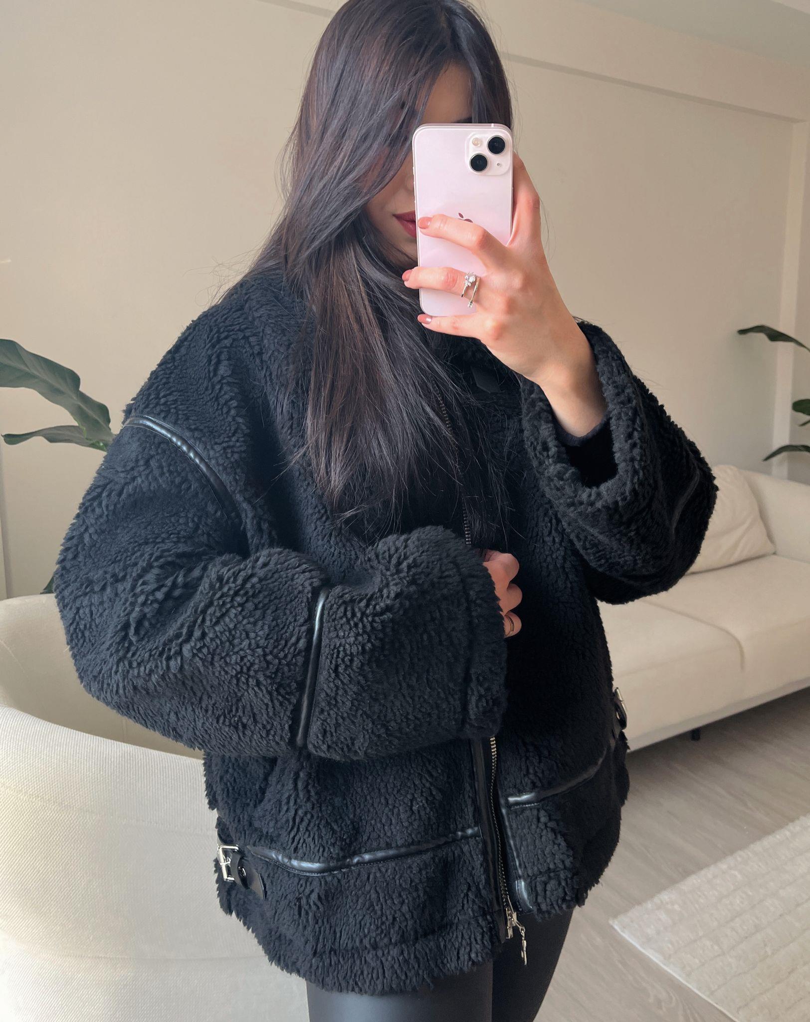 Teddy Marka Model Kürklü Siyah Biker Ceket