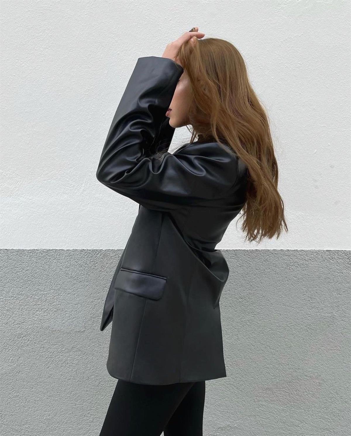 Tek Düğmeli Vatkalı Deri Blazer Ceket