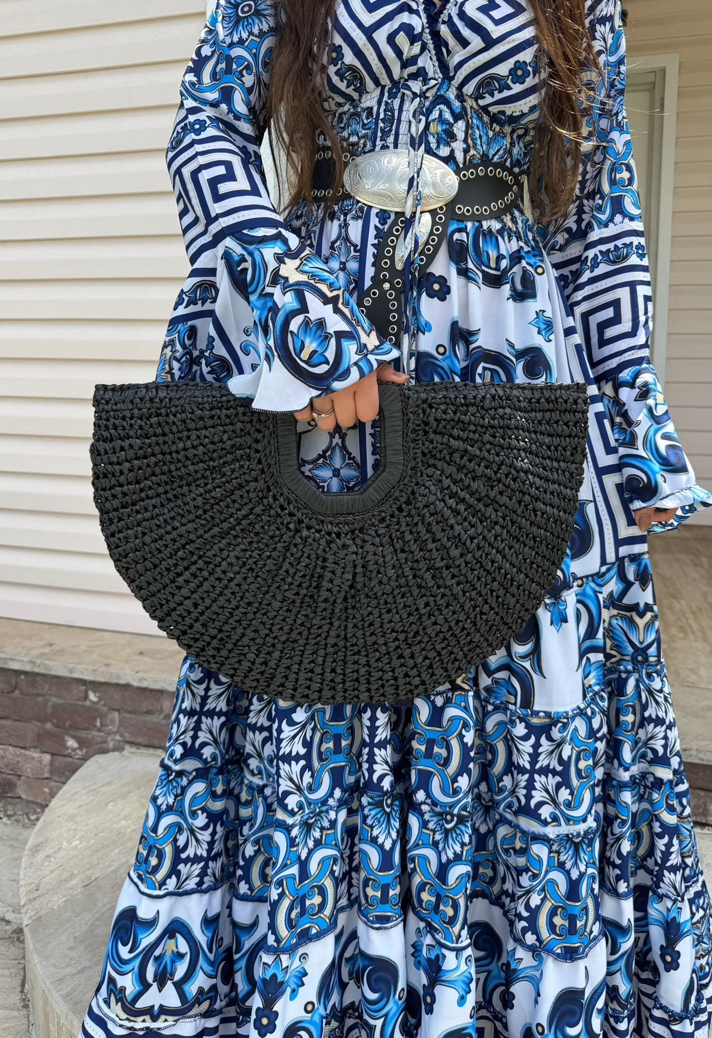 Tina Yarım Ay Model Hasır Boho El Çantası Siyah