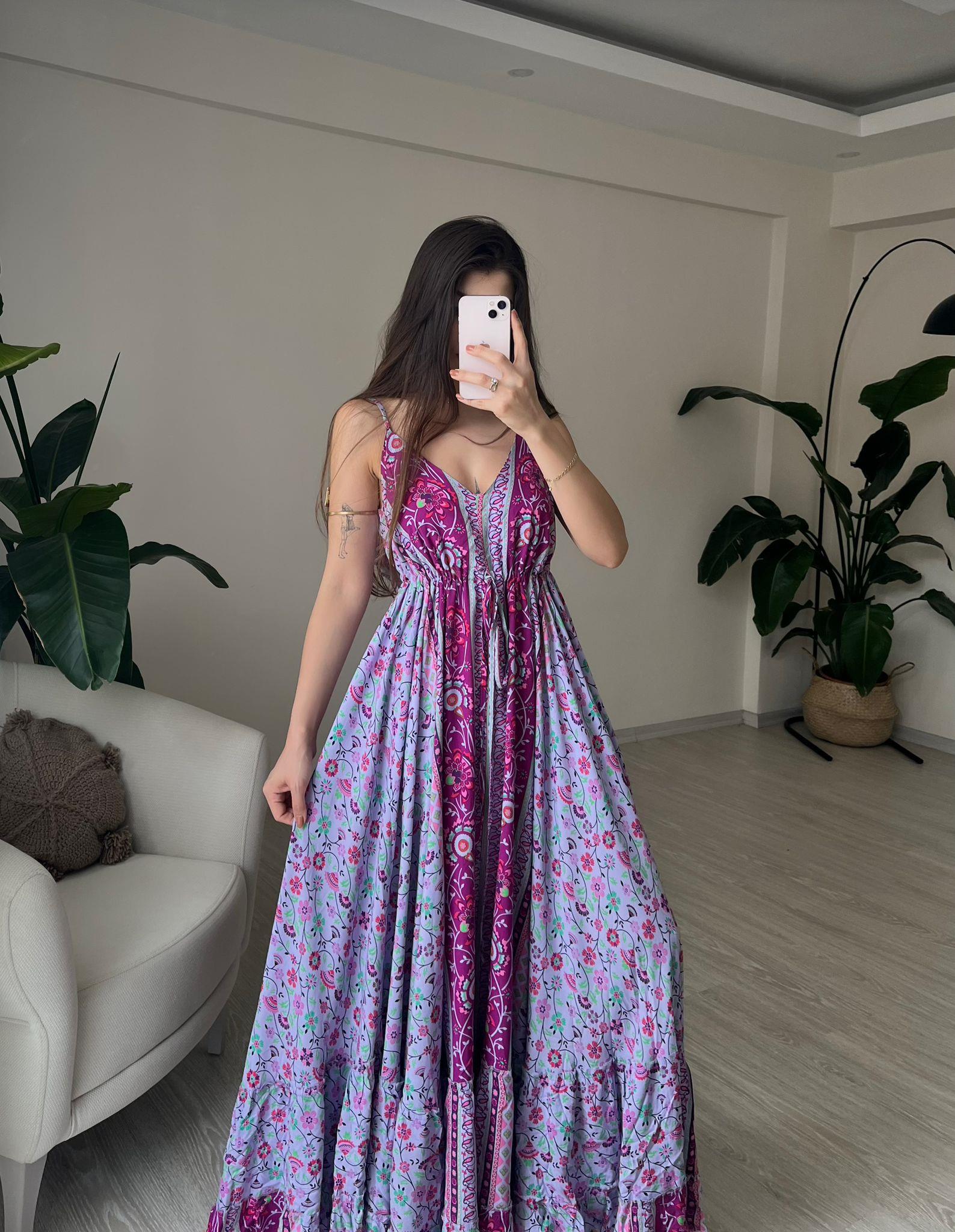 Urla Desenli Sırt Dekolteli Viskon Elbise