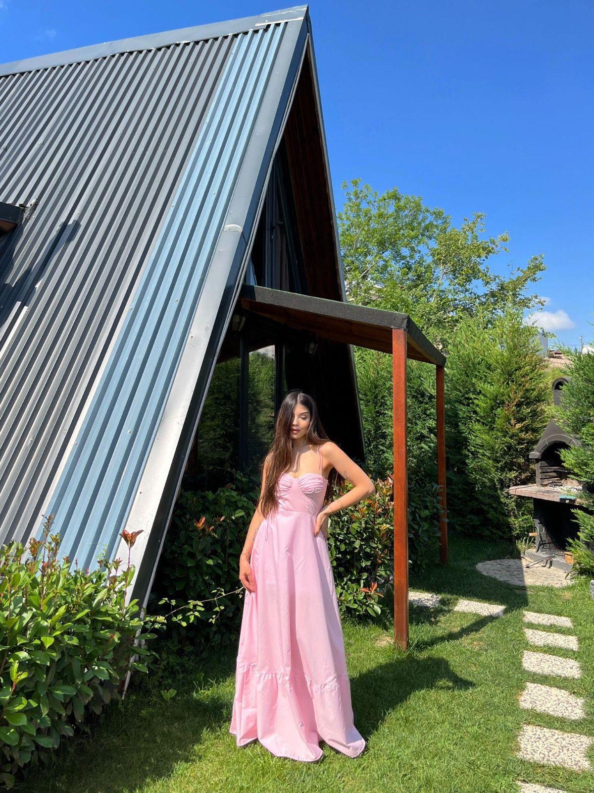 Valeria Fırfırlı Uzun Poplin Pembe Elbise