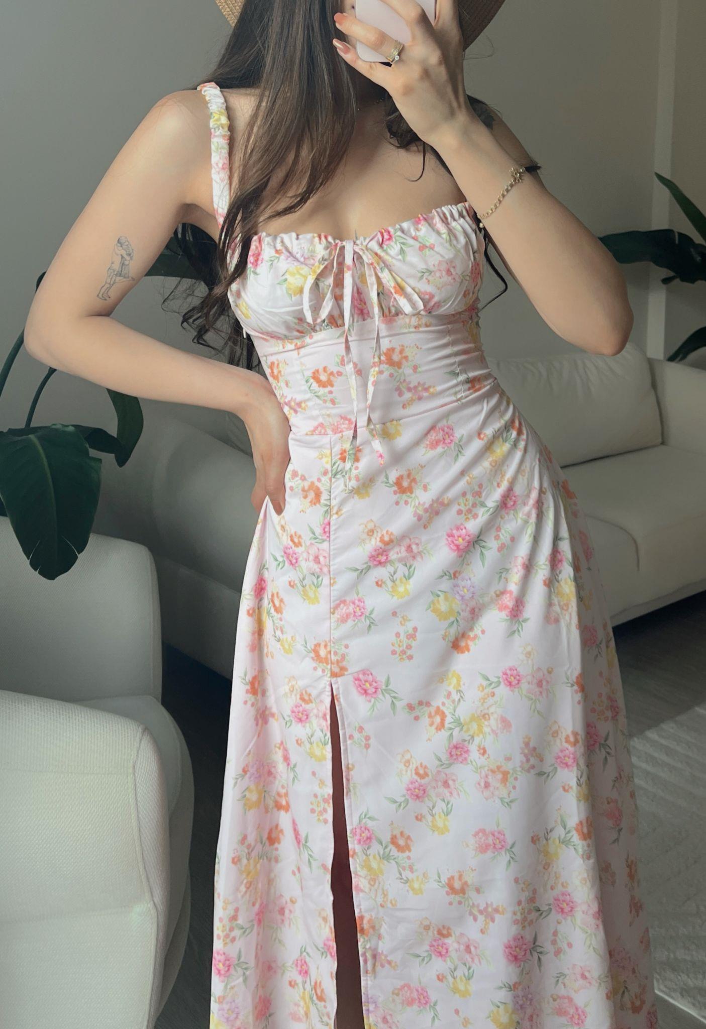 Viola Çiçek Desen Yırtmaçlı Midi Pembe Elbise