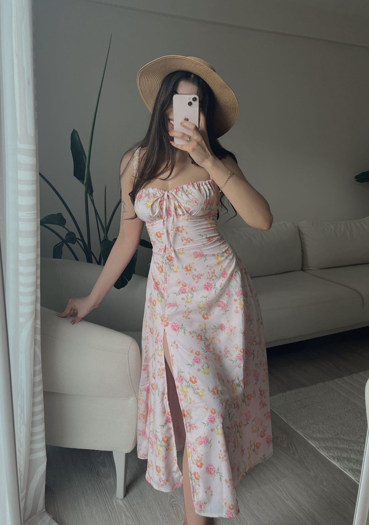 Viola Çiçek Desen Yırtmaçlı Midi Pembe Elbise