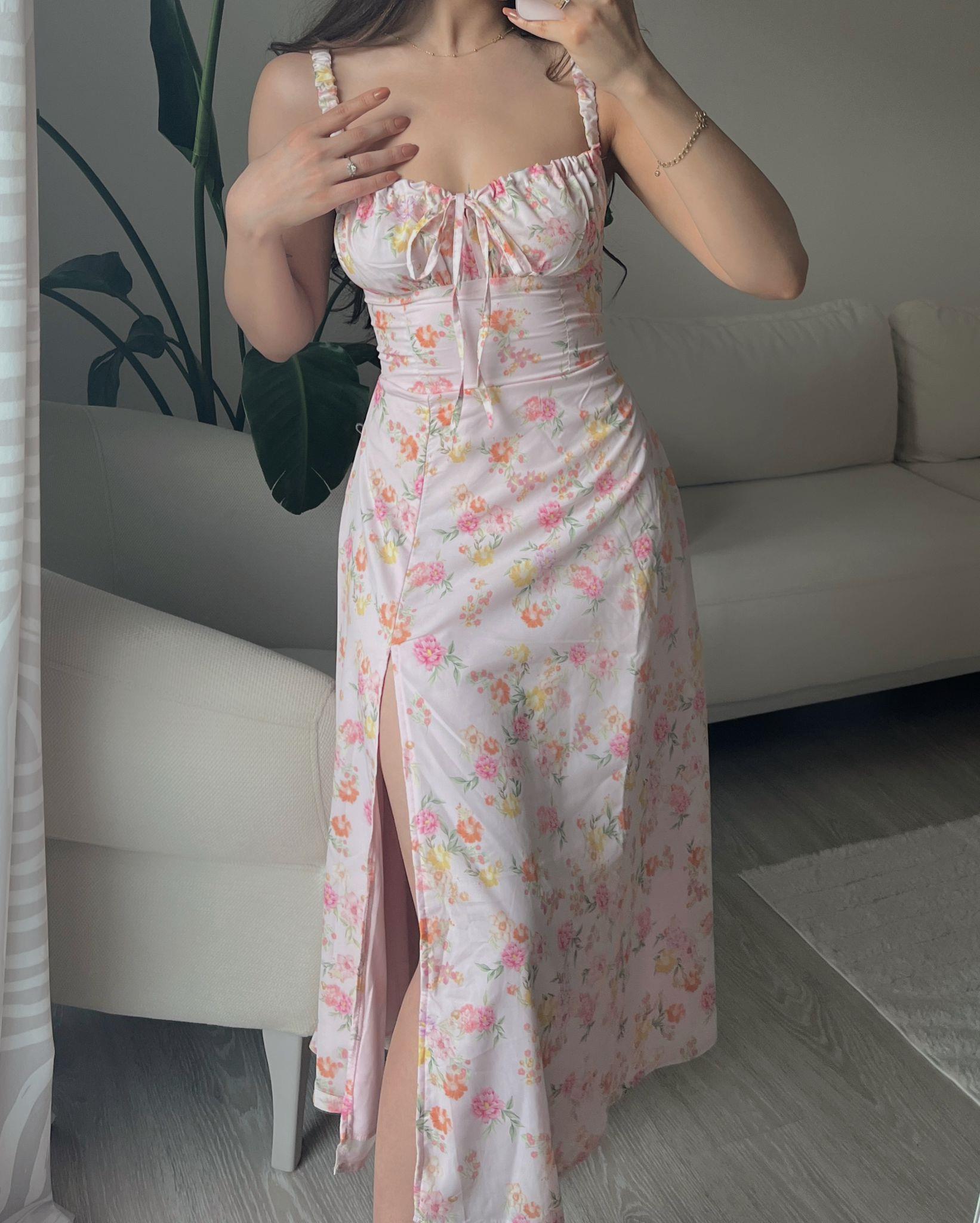 Viola Çiçek Desen Yırtmaçlı Midi Pembe Elbise